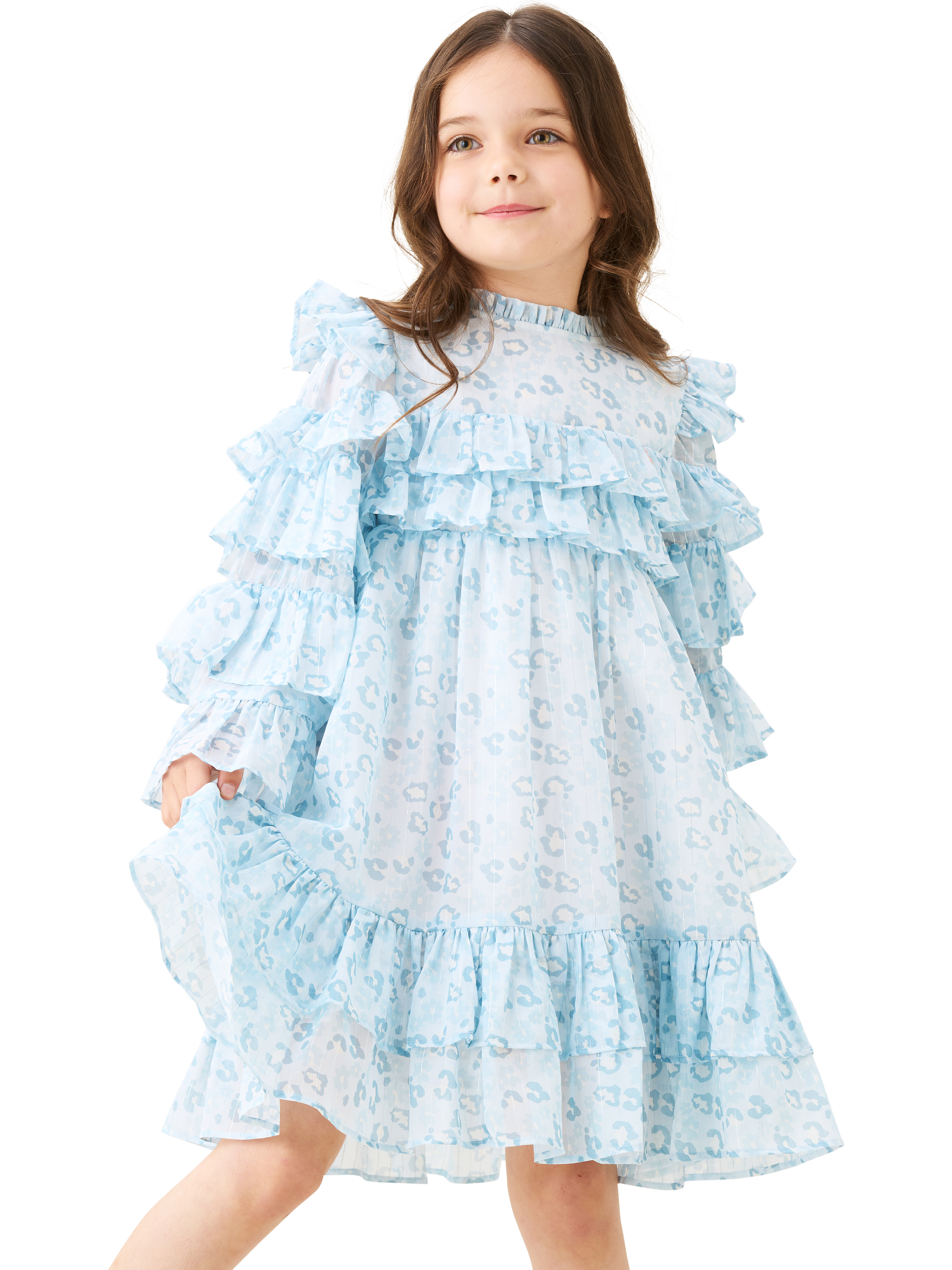 Product image 1 of 9, which shows Angel & Rocket Kids' Leo Frill Dress, Blue, 3 years