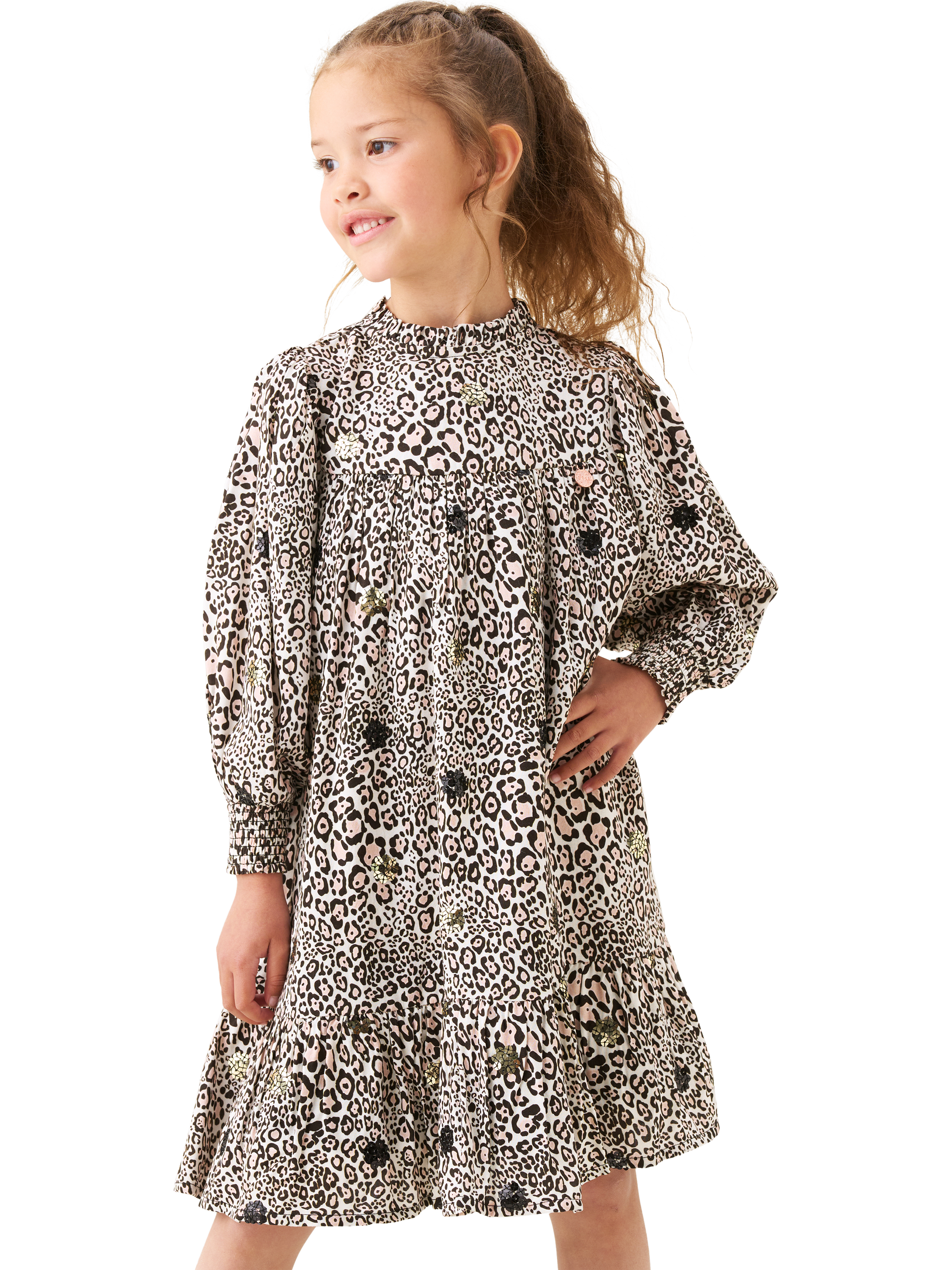Product image 1 of 7, which shows Angel & Rocket Kids' Frill Neck Sequin Leopard Print Dress, Brown, 3 years