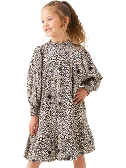 Angel & Rocket Kids' Frill Neck Sequin Leopard Print Dress, Brown, Brown