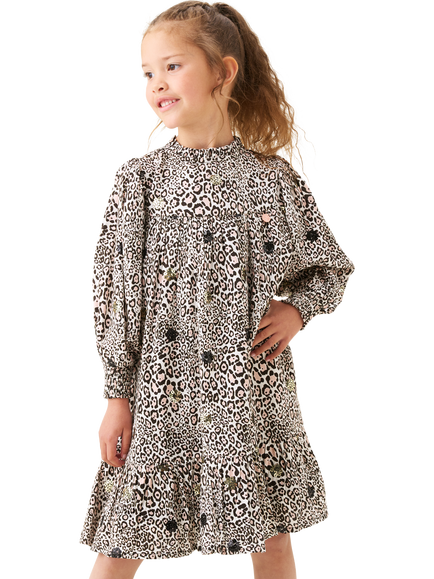Angel & Rocket Kids' Frill Neck Sequin Leopard Print Dress, Brown, Brown