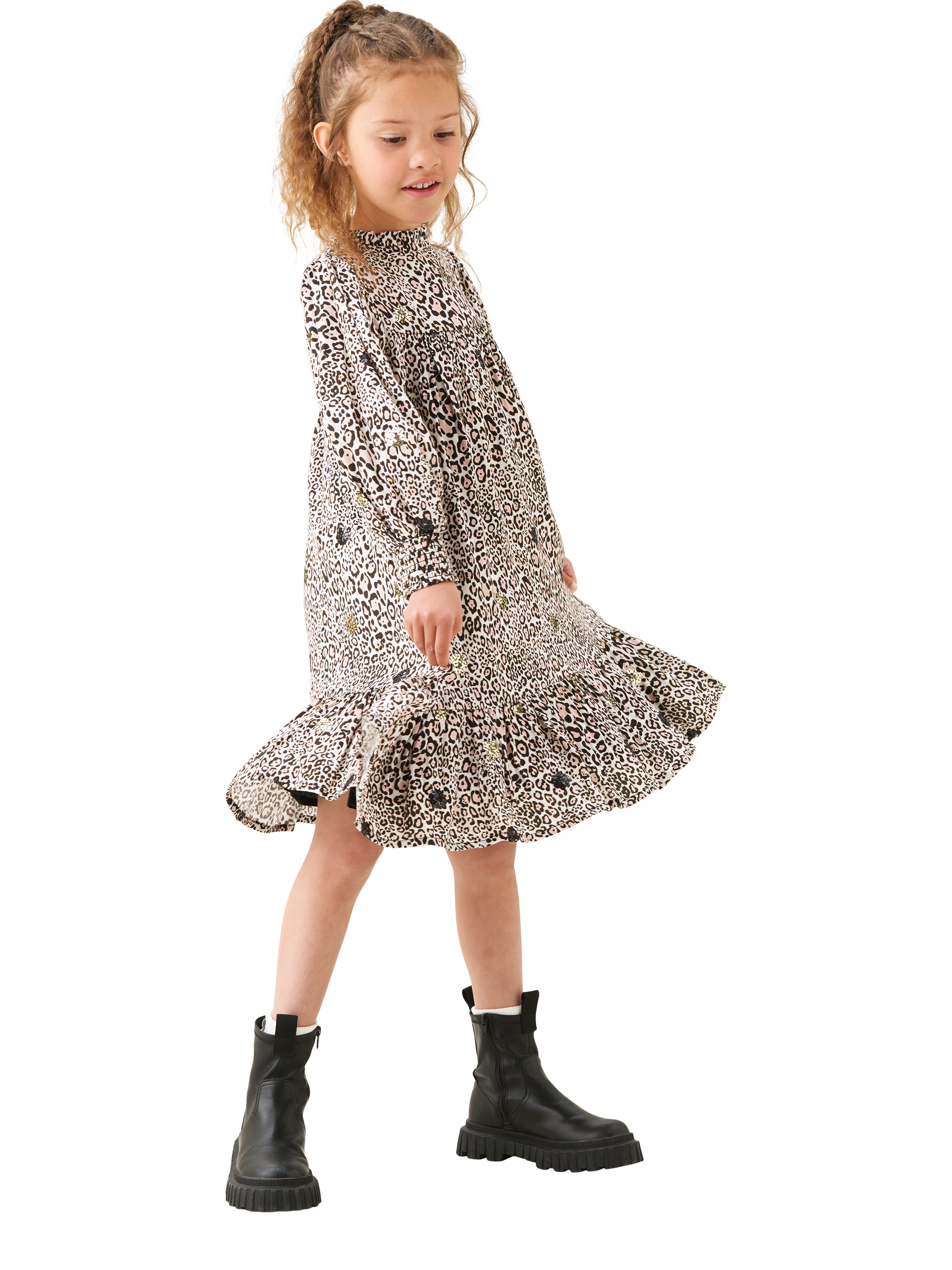 Product image 2 of 7, which shows Angel & Rocket Kids' Frill Neck Sequin Leopard Print Dress, Brown, 3 years