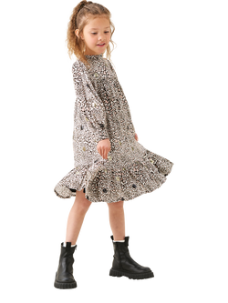 Angel & Rocket Kids' Frill Neck Sequin Leopard Print Dress, Brown - view 2, Brown