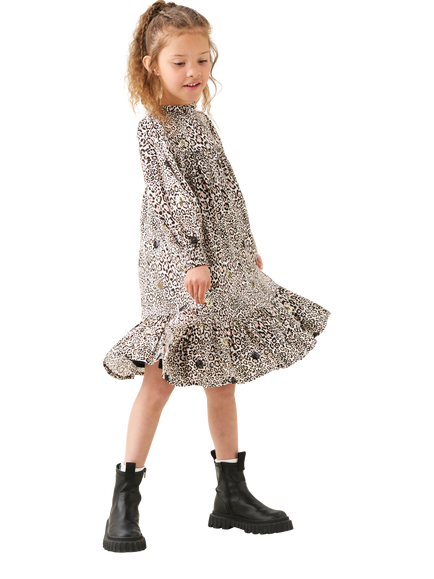 Angel & Rocket Kids' Frill Neck Sequin Leopard Print Dress, Brown - view 2, Brown