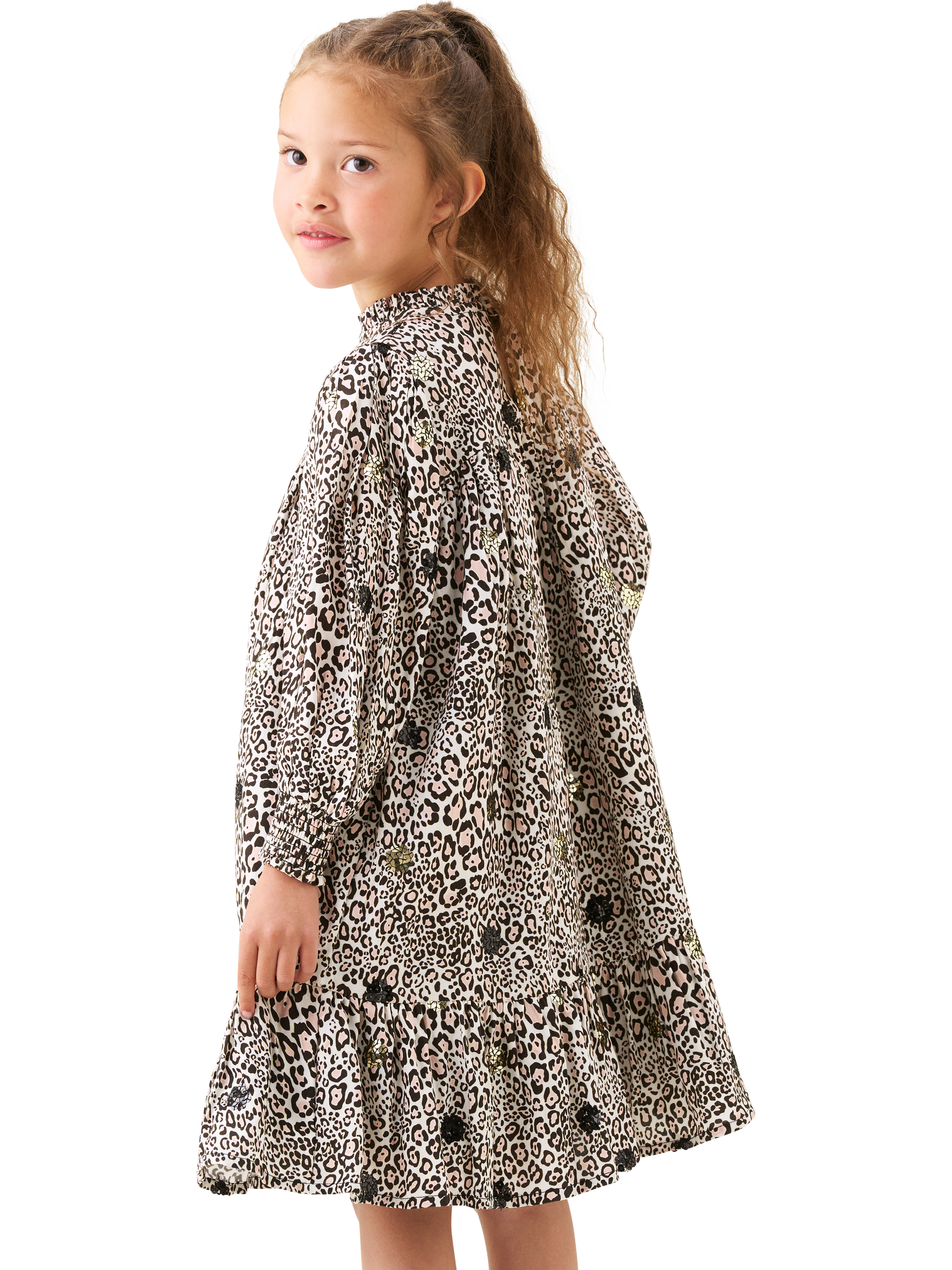 Product image 3 of 7, which shows Angel & Rocket Kids' Frill Neck Sequin Leopard Print Dress, Brown, 3 years
