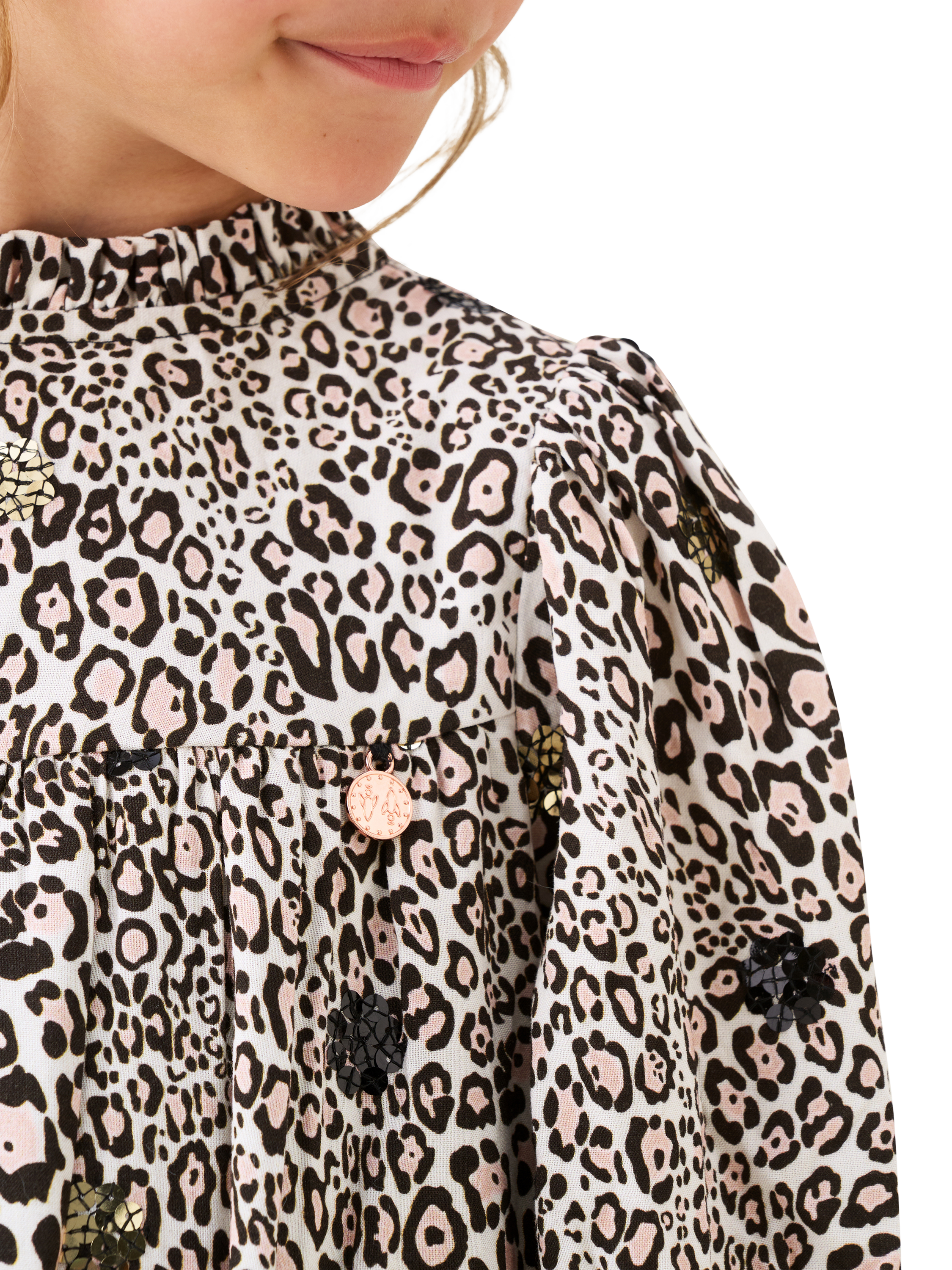 Product image 4 of 7, which shows Angel & Rocket Kids' Frill Neck Sequin Leopard Print Dress, Brown, 3 years