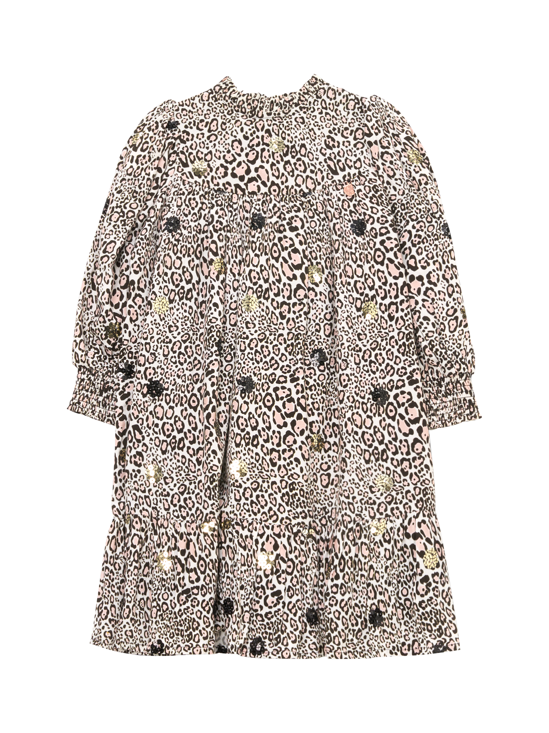 Product image 5 of 7, which shows Angel & Rocket Kids' Frill Neck Sequin Leopard Print Dress, Brown, 3 years