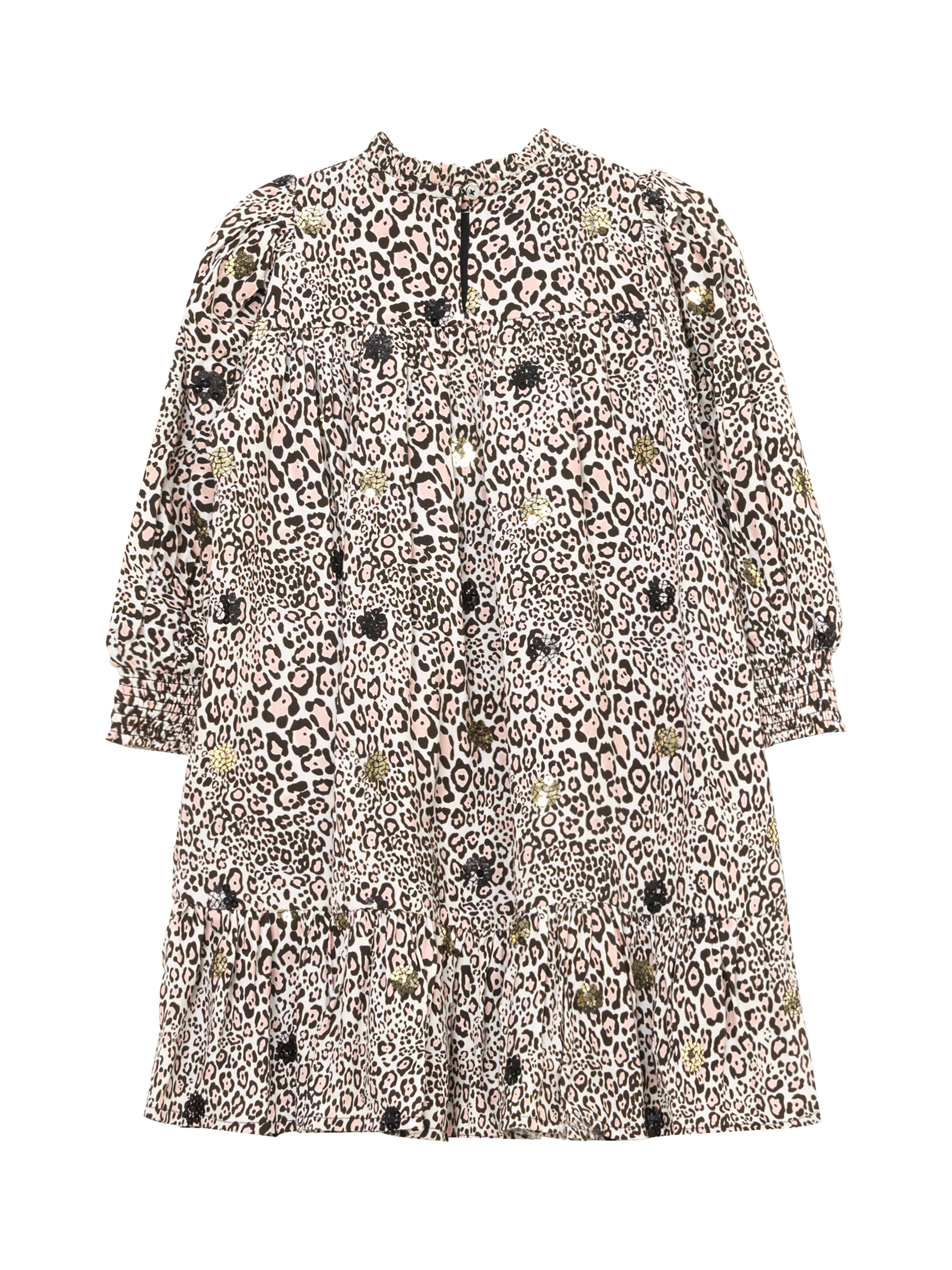 Product image 6 of 7, which shows Angel & Rocket Kids' Frill Neck Sequin Leopard Print Dress, Brown, 3 years