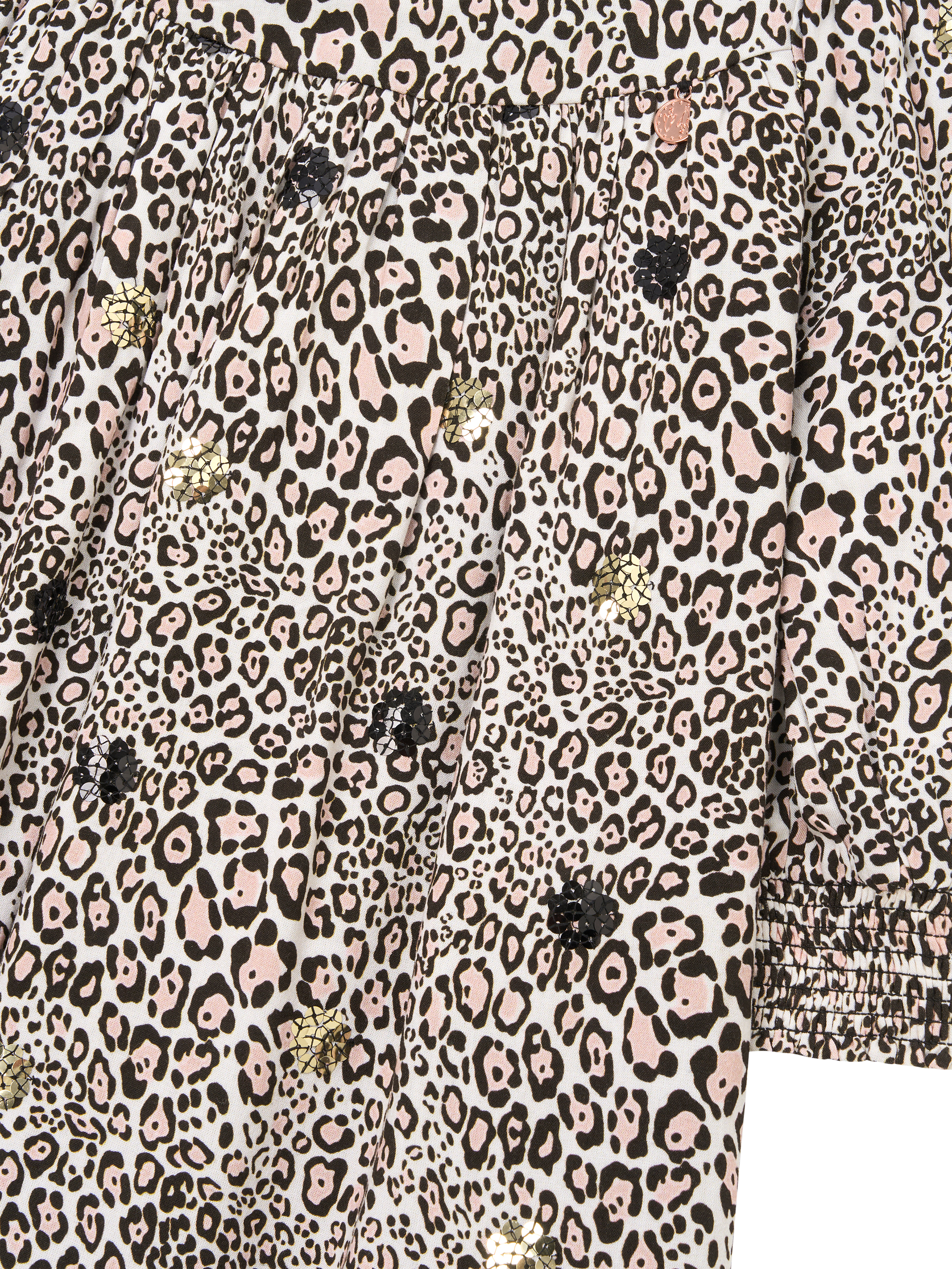 Product image 7 of 7, which shows Angel & Rocket Kids' Frill Neck Sequin Leopard Print Dress, Brown, 3 years