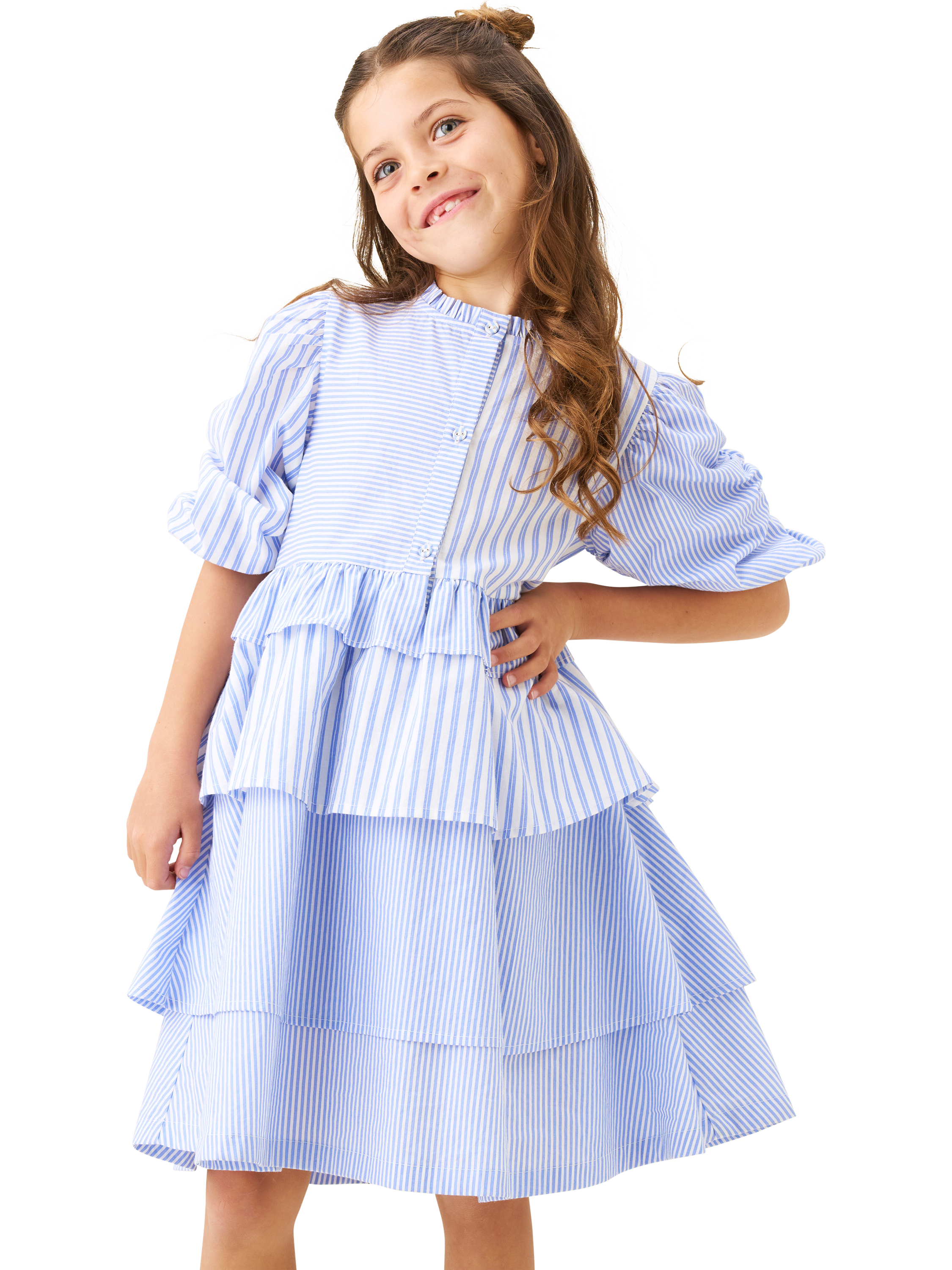 Product image 1 of 8, which shows Angel & Rocket Kids' Mixed Stripe Dress, Blue, 3 years