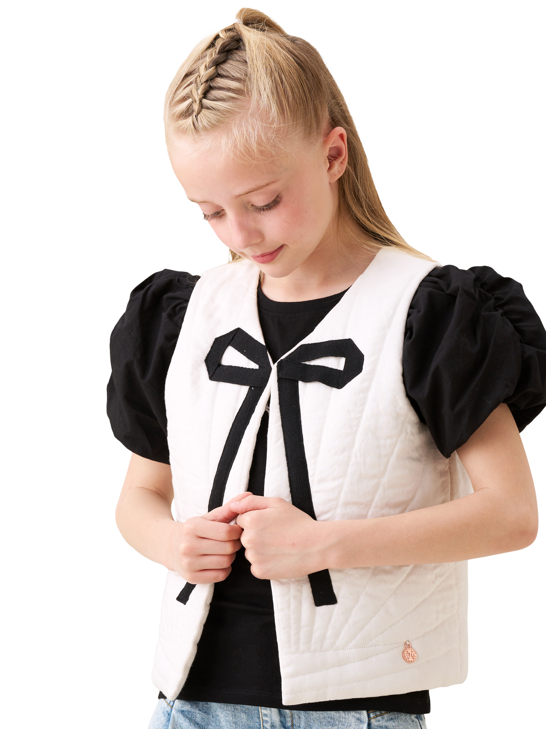 Product image 1 of 6, which shows Angel & Rocket Kids' Sunray Quilted Gilet, Ivory, 3 years