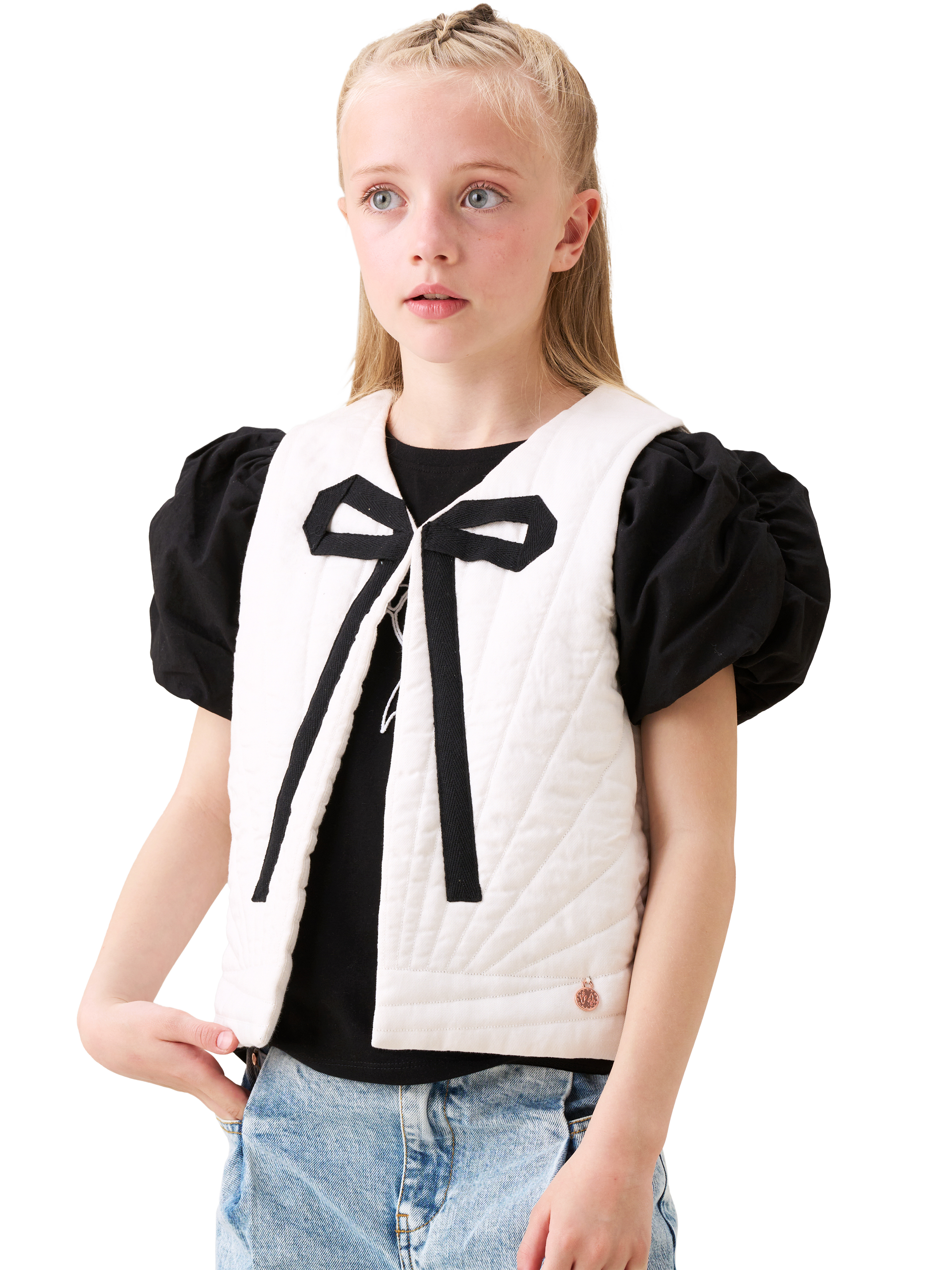 Product image 2 of 6, which shows Angel & Rocket Kids' Sunray Quilted Gilet, Ivory, 3 years