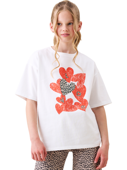 Angel & Rocket Kids' Cotton Heart Print Boxy T-Shirt, White, White