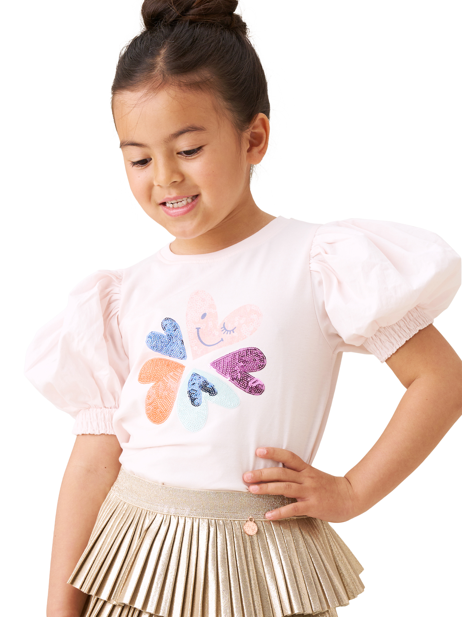 Product image 1 of 6, which shows Angel & Rocket Sequin Embroidered Puff Sleeve T-Shirt, Pink, 3-4 years
