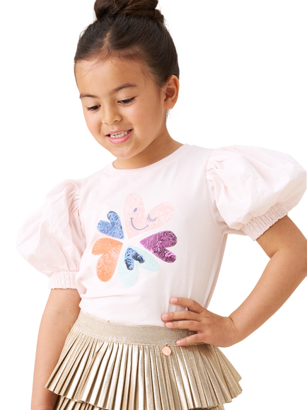 Angel & Rocket Kids' Sequin Embroidered Puff Sleeve T-Shirt, Pink, Pink
