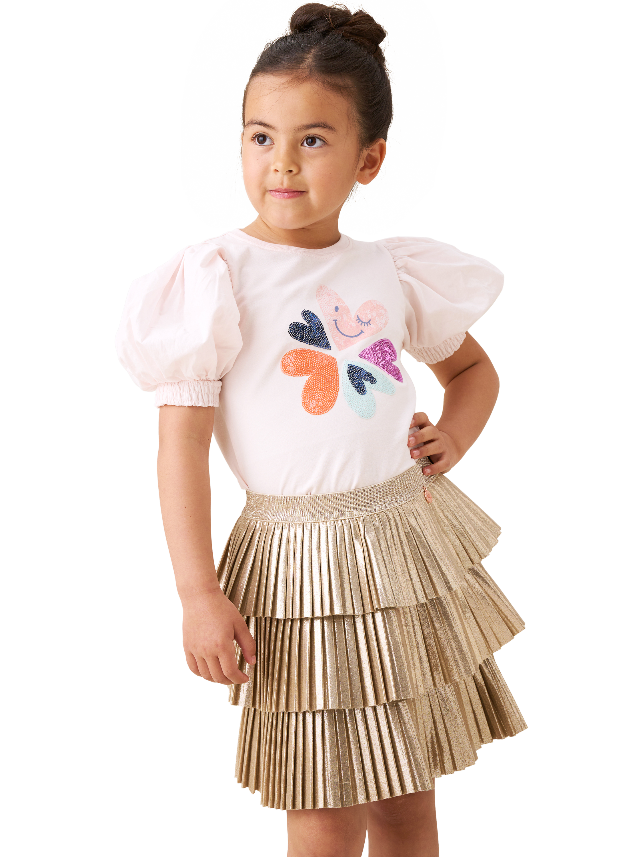 Product image 2 of 6, which shows Angel & Rocket Sequin Embroidered Puff Sleeve T-Shirt, Pink, 3-4 years