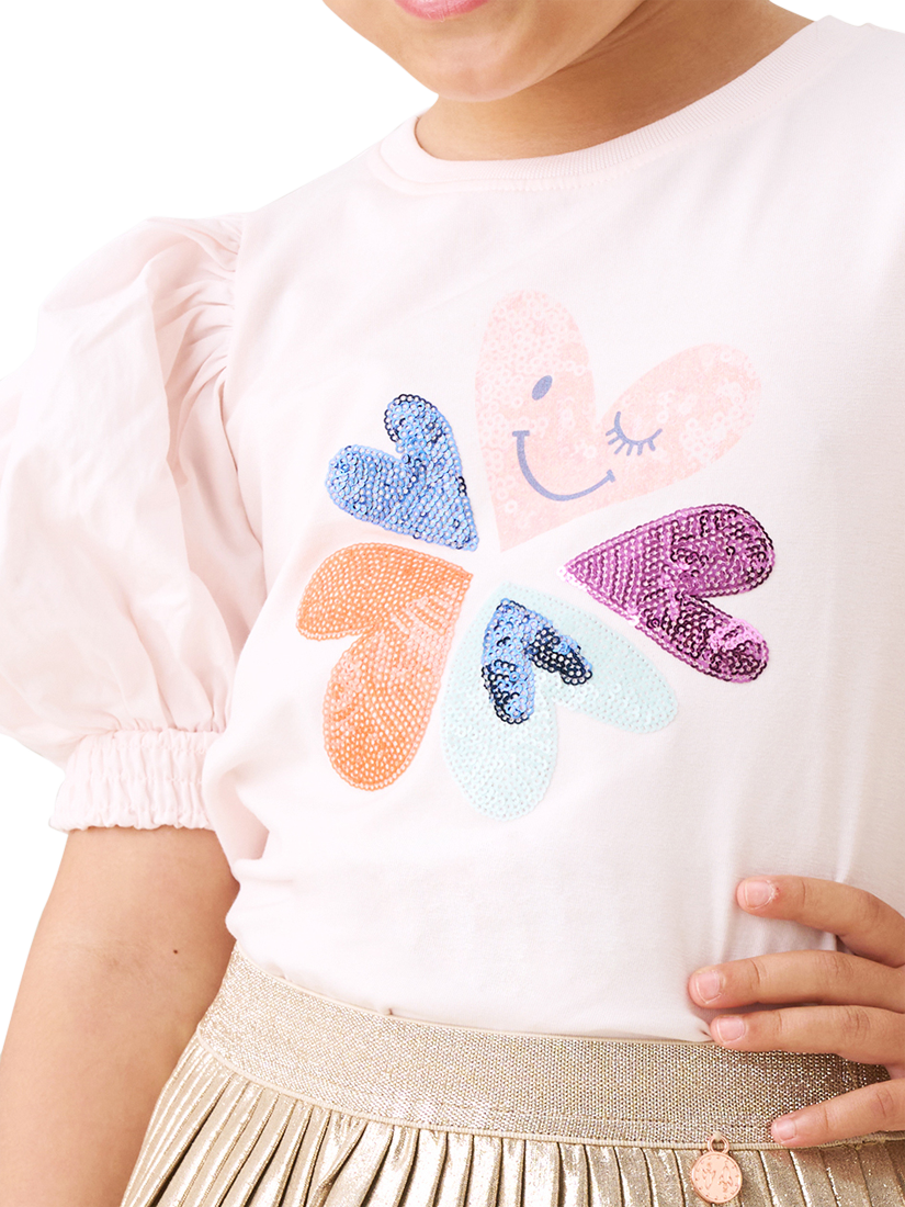 Product image 3 of 6, which shows Angel & Rocket Sequin Embroidered Puff Sleeve T-Shirt, Pink, 3-4 years