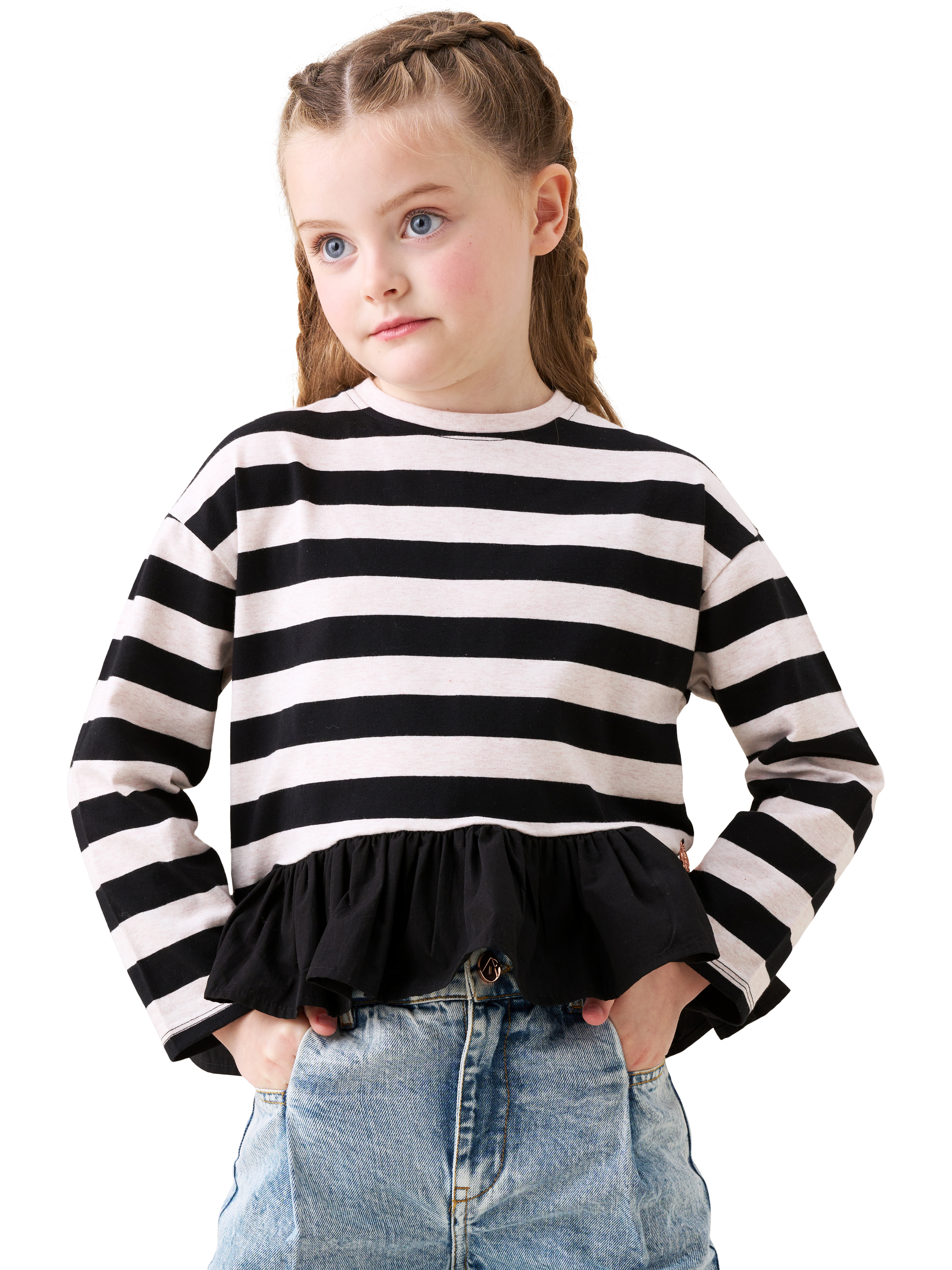 Product image 2 of 6, which shows Angel & Rocket Kids' Stripe Peplum T-Shirt, Black, 3-4 years