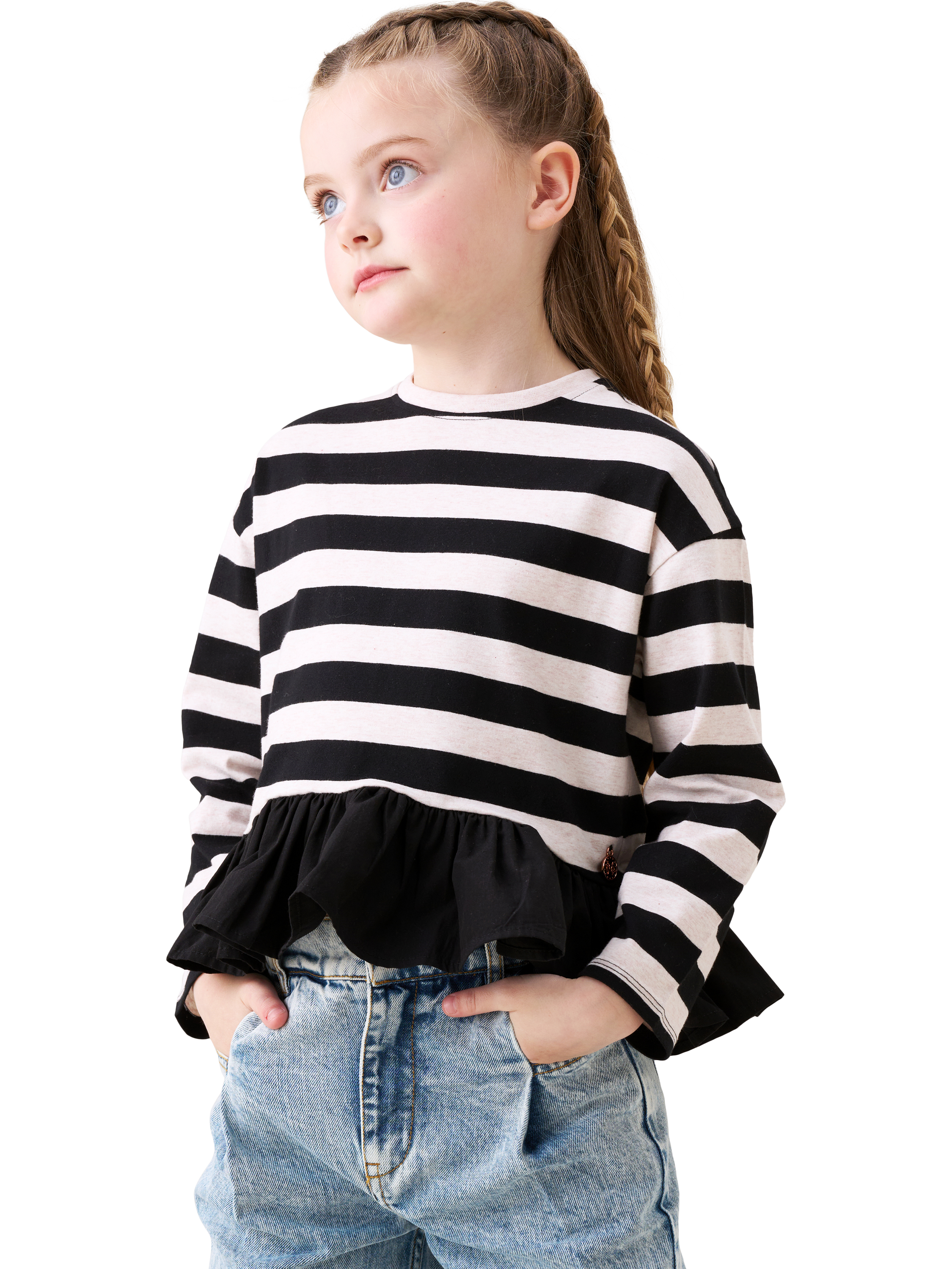 Product image 3 of 6, which shows Angel & Rocket Kids' Stripe Peplum T-Shirt, Black, 3-4 years