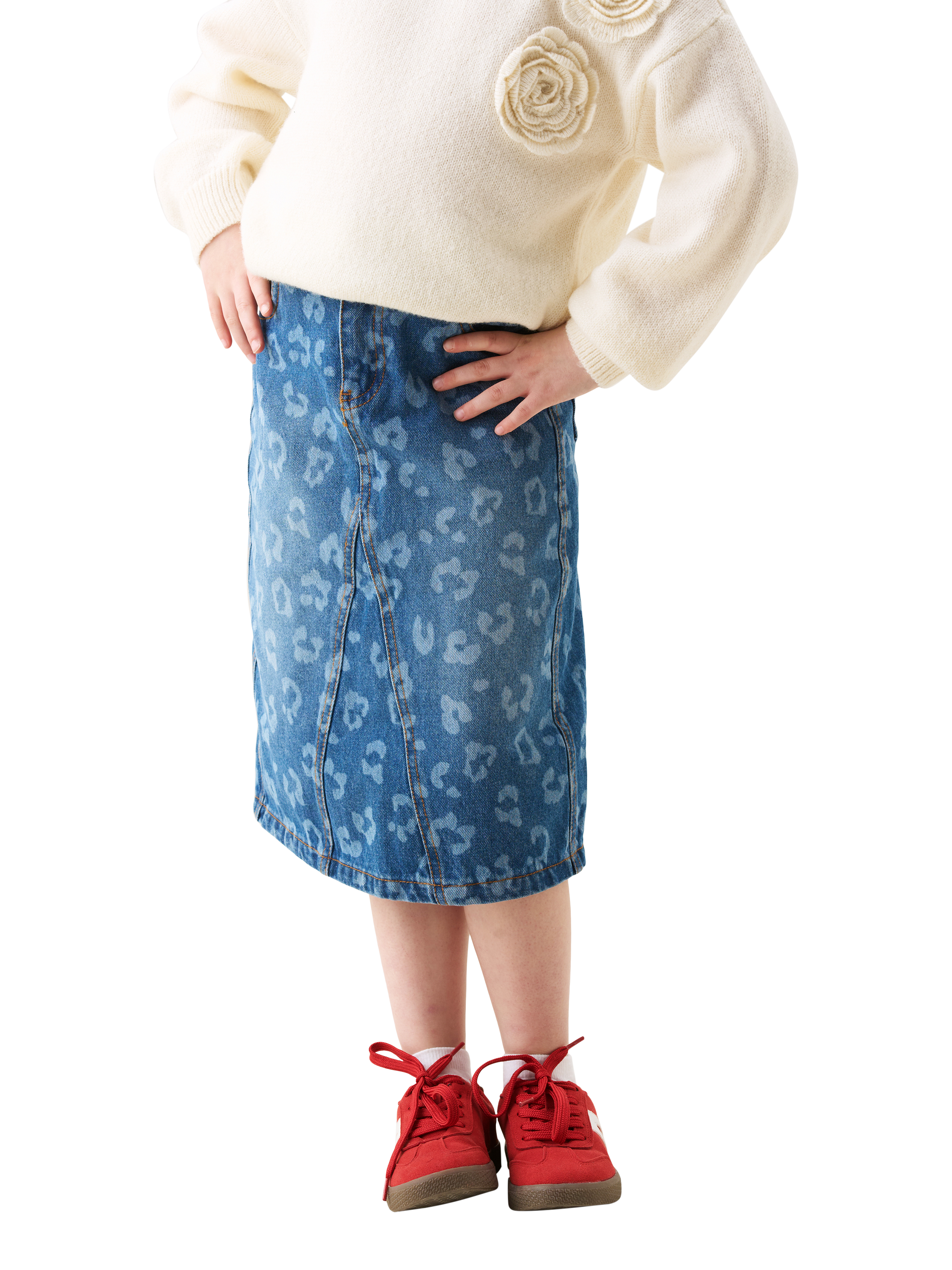 Product image 1 of 7, which shows Angel & Rocket Kids' Denim Leopard Midi Skirt, Blue, 6 years