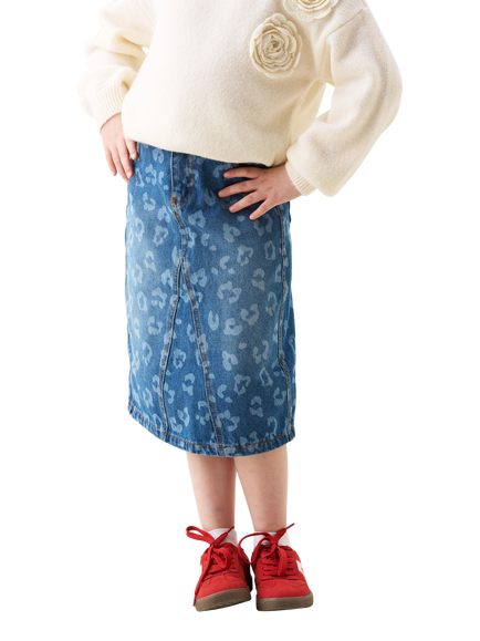 Angel & Rocket Kids' Denim Leopard Midi Skirt, Blue, Blue