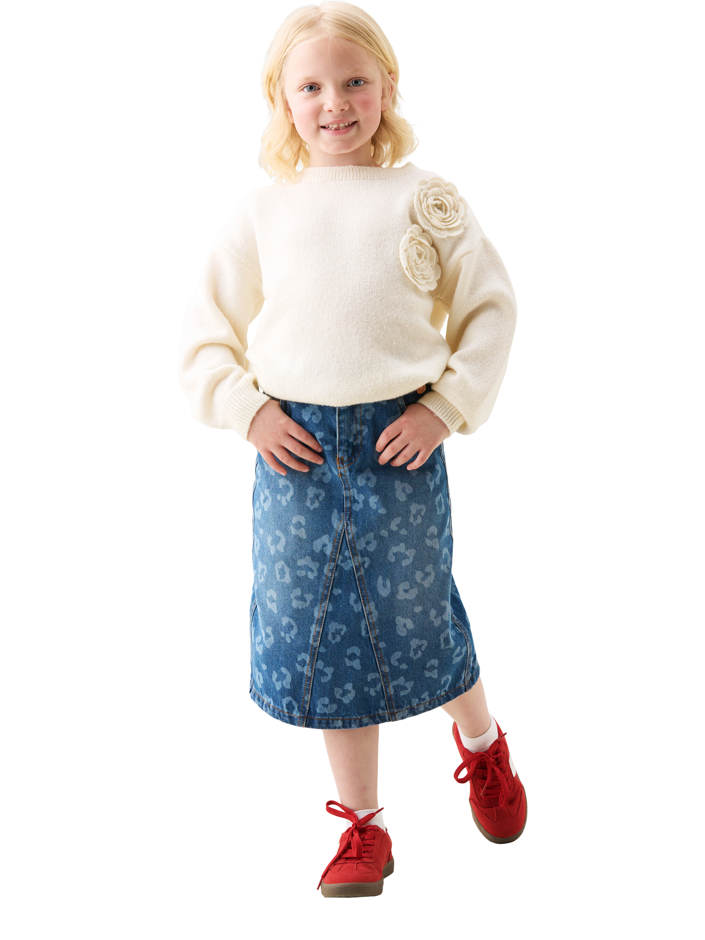 Product image 2 of 7, which shows Angel & Rocket Kids' Denim Leopard Midi Skirt, Blue, 6 years