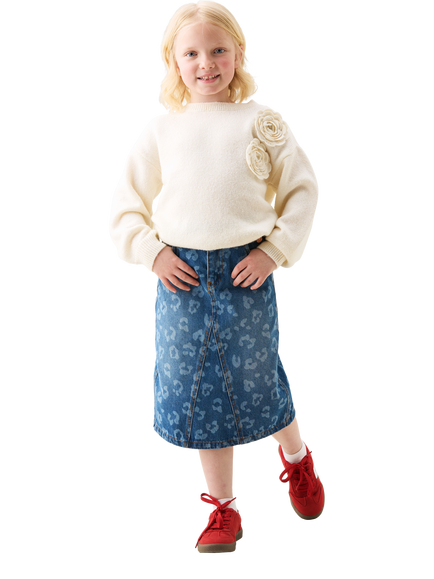 Angel & Rocket Kids' Denim Leopard Midi Skirt, Blue - view 2, Blue