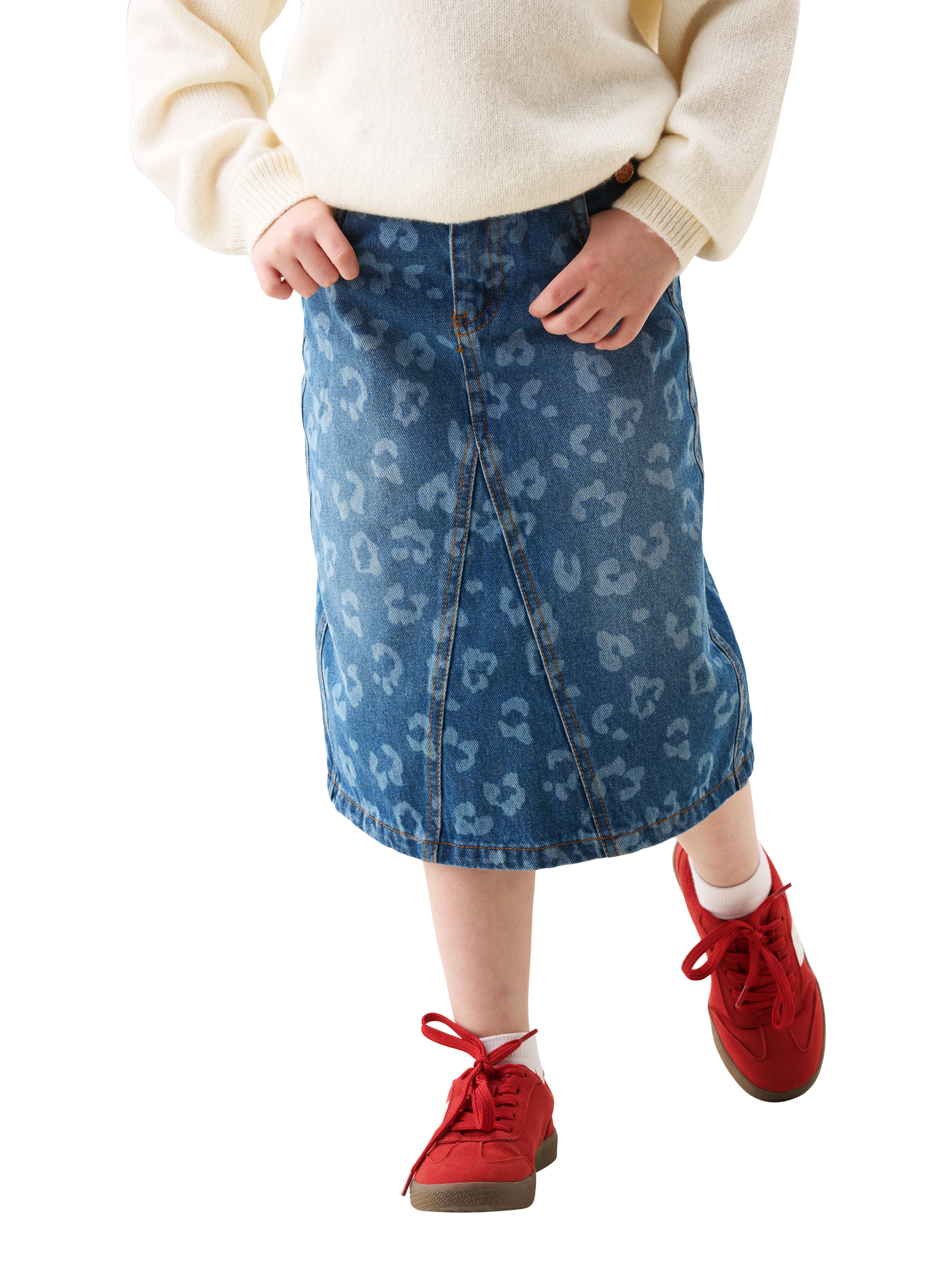Product image 4 of 7, which shows Angel & Rocket Kids' Denim Leopard Midi Skirt, Blue, 6 years