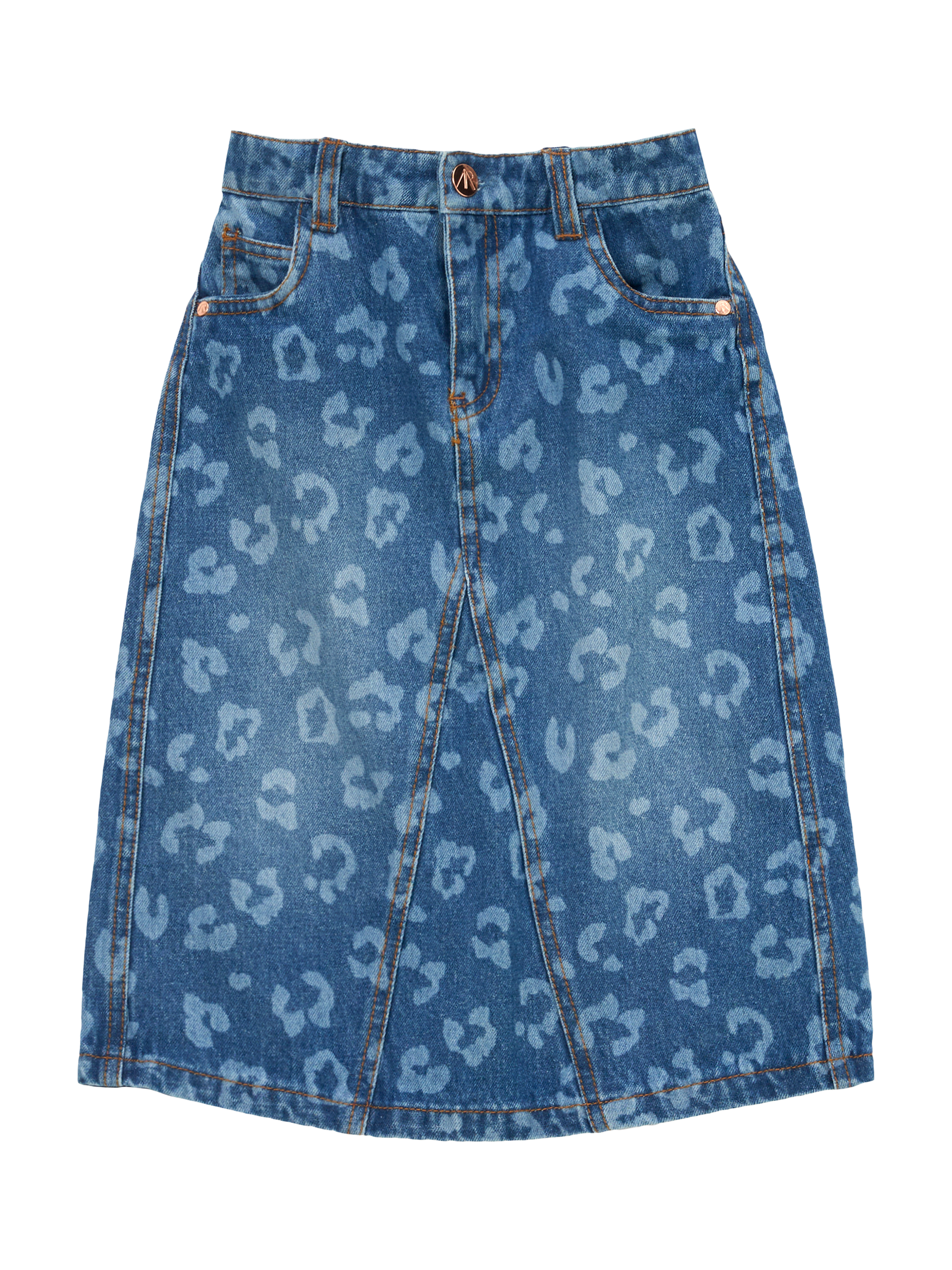 Product image 5 of 7, which shows Angel & Rocket Kids' Denim Leopard Midi Skirt, Blue, 6 years