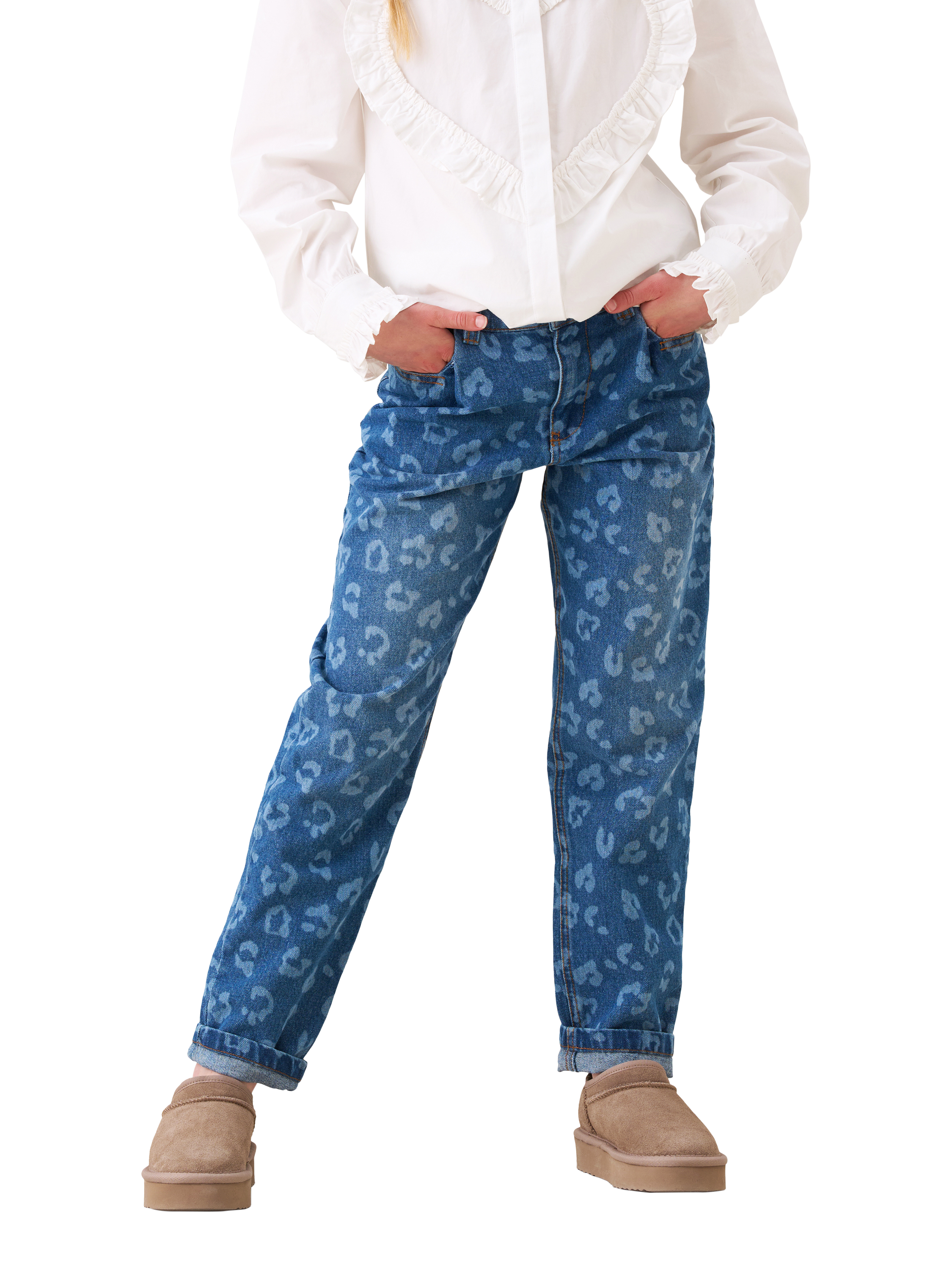 Product image 1 of 7, which shows Angel & Rocket Kids' Leo Barrel Leg Jeans, Blue, 3 years