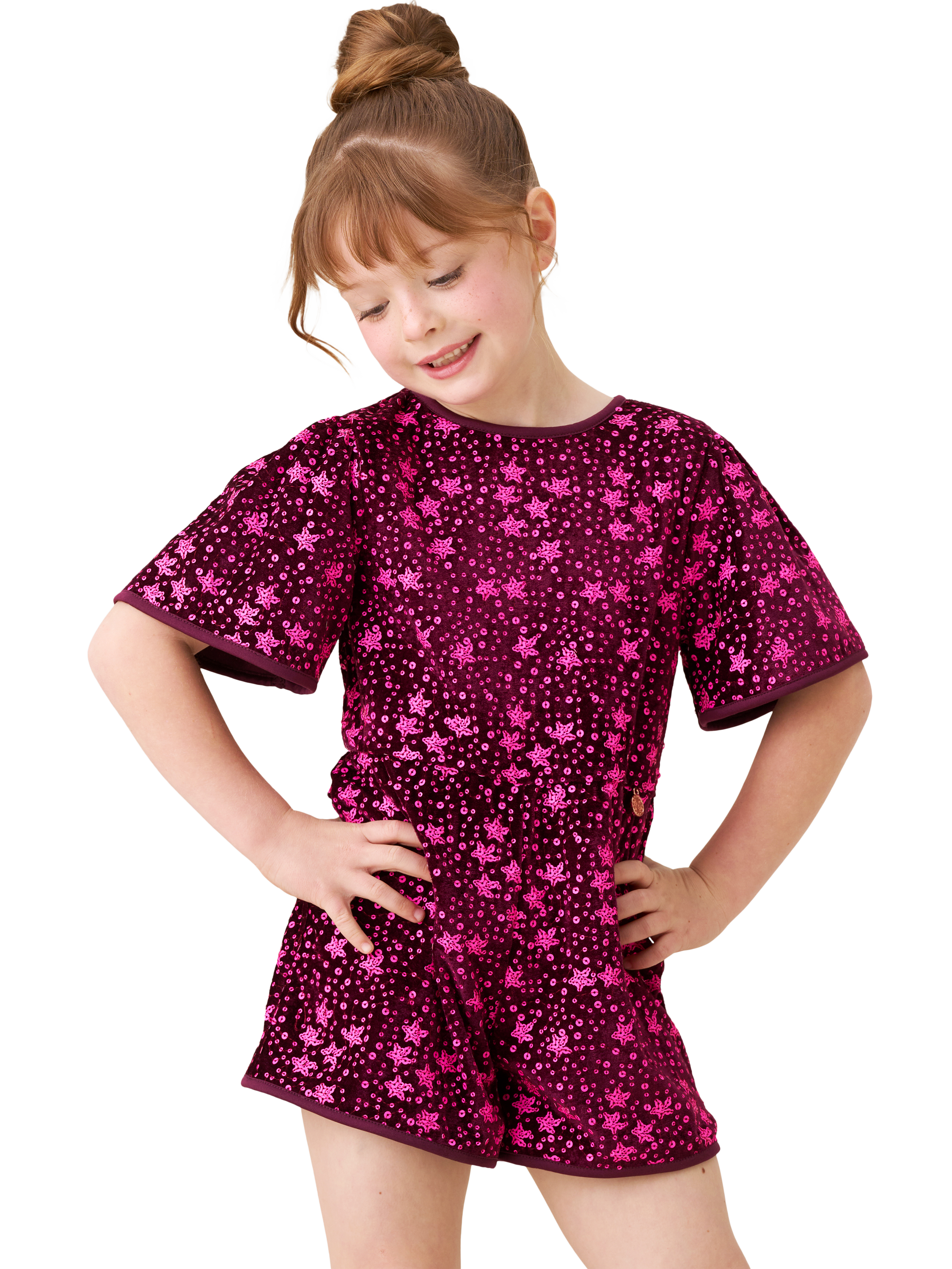 Product image 1 of 6, which shows Angel & Rocket Kids' Sequin Playsuit, Burgundy, 6 years