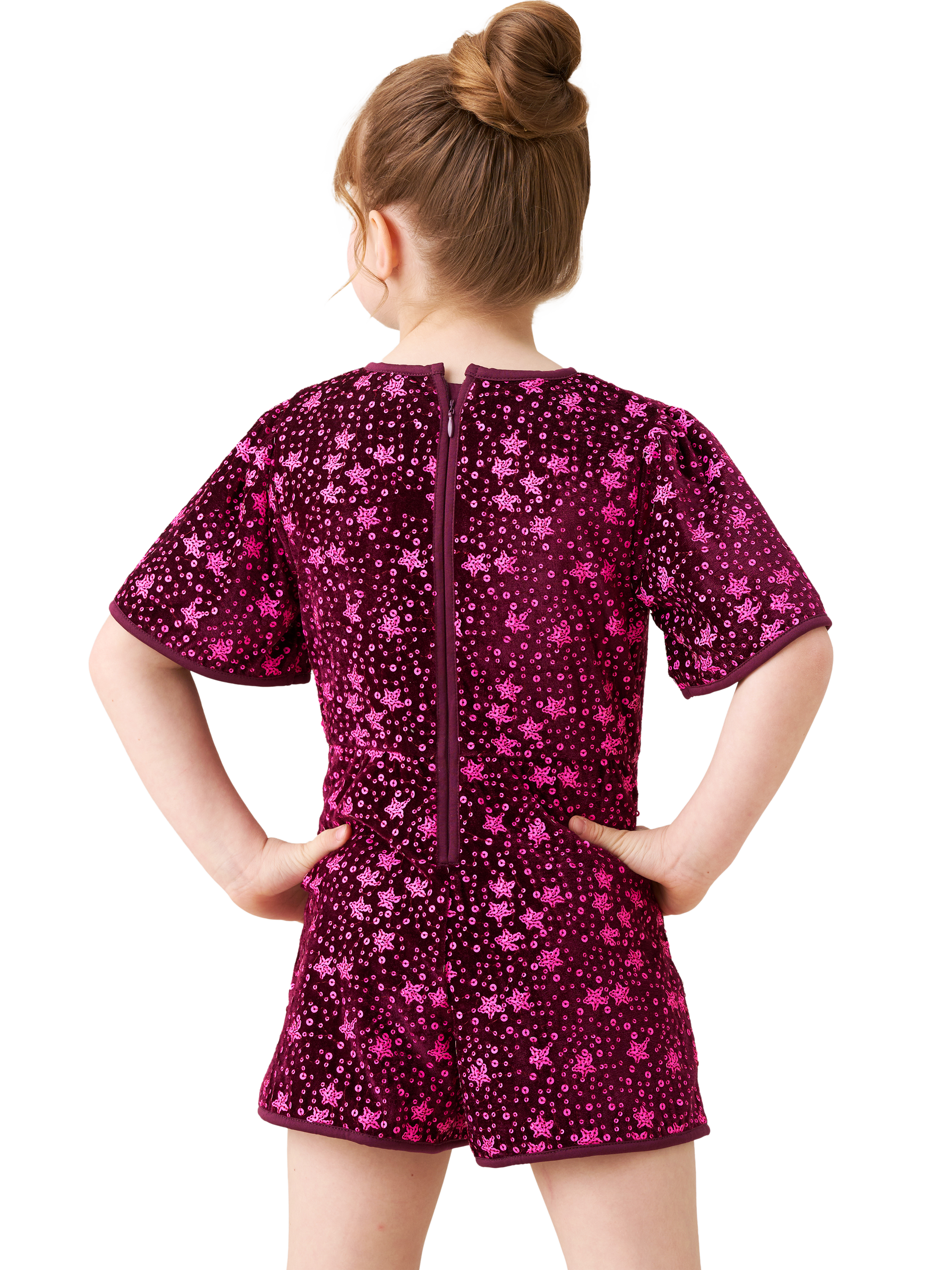 Product image 2 of 6, which shows Angel & Rocket Kids' Sequin Playsuit, Burgundy, 6 years