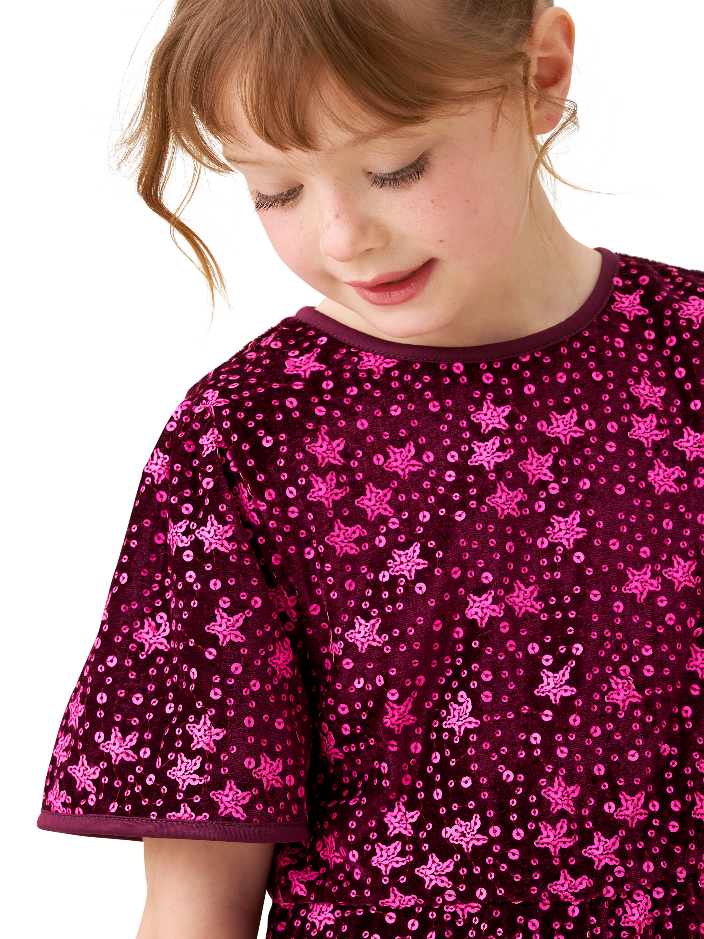 Product image 3 of 6, which shows Angel & Rocket Kids' Sequin Playsuit, Burgundy, 6 years