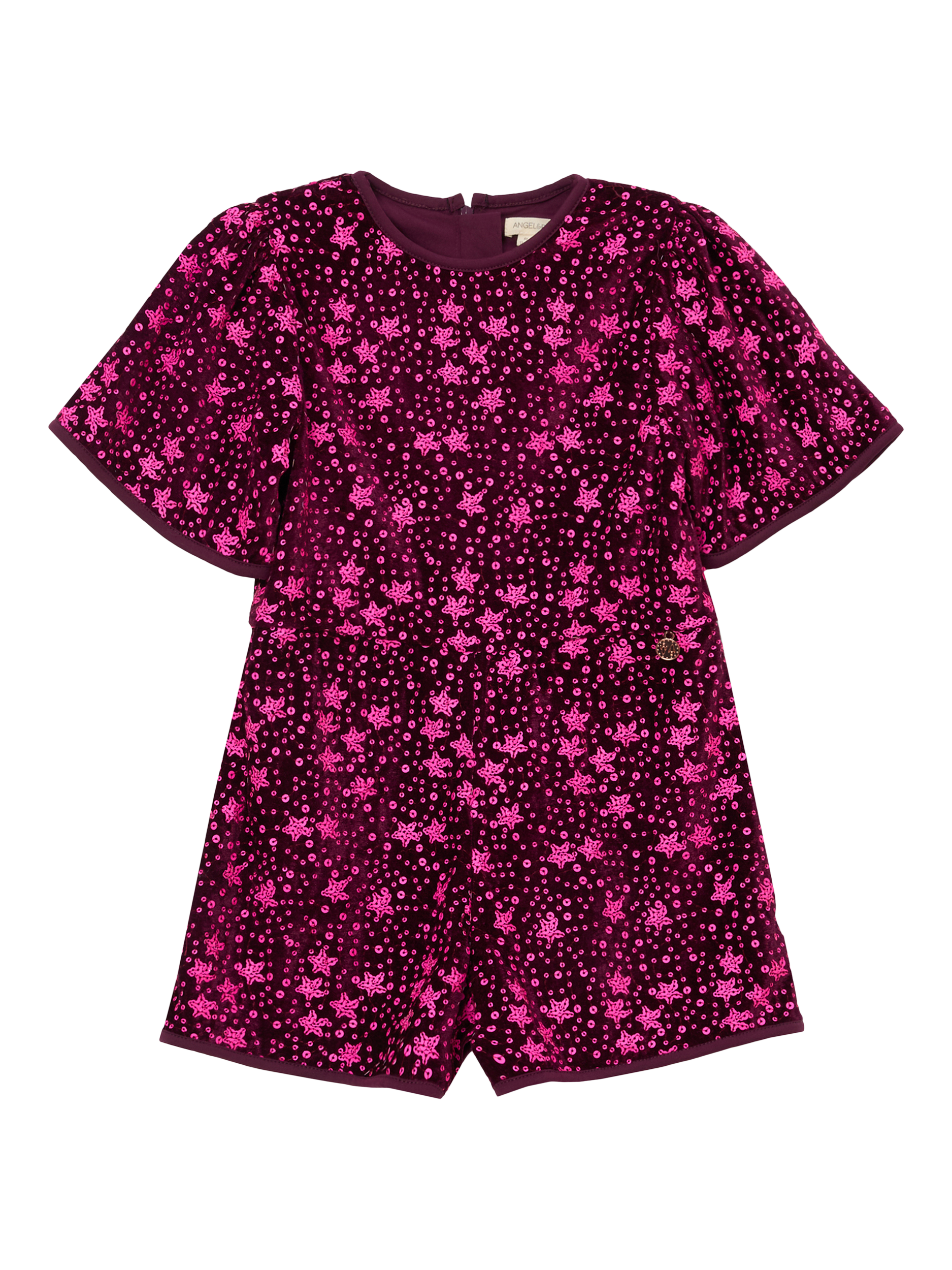 Product image 4 of 6, which shows Angel & Rocket Kids' Sequin Playsuit, Burgundy, 6 years