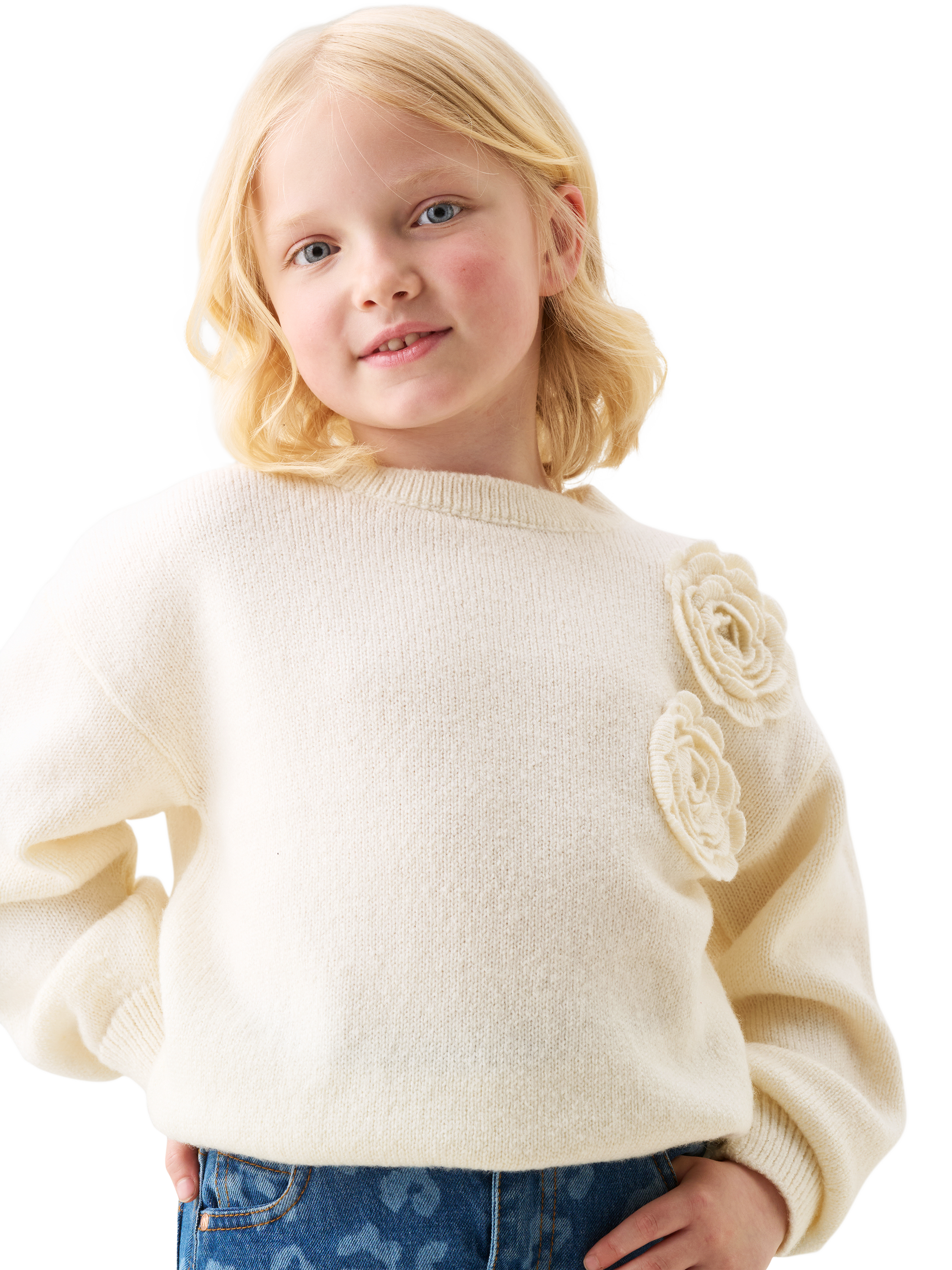 Product image 1 of 4, which shows Angel & Rocket Kids' Wool Blend Corsage Jumper, Ivory, 3-4 years