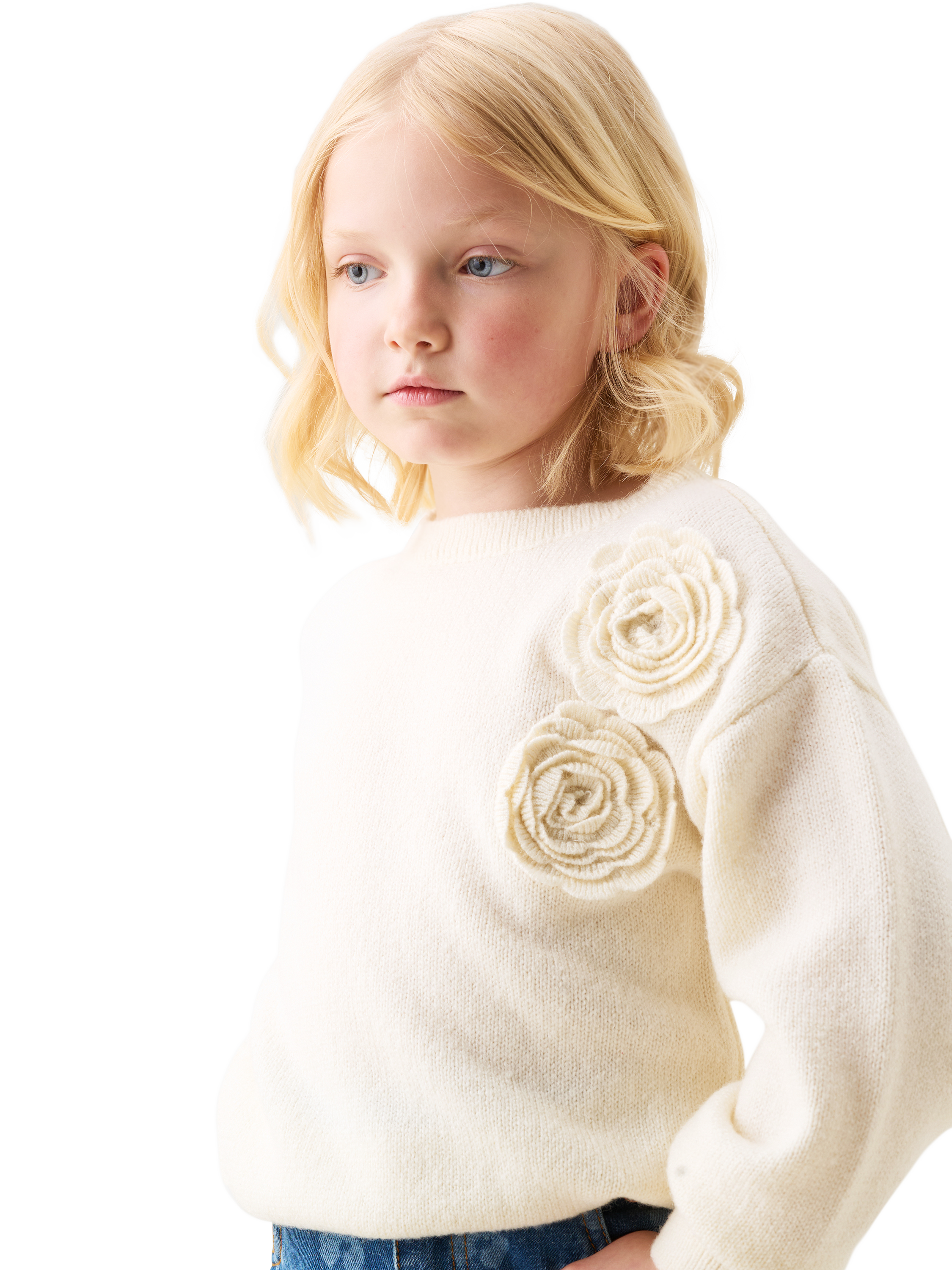 Product image 2 of 4, which shows Angel & Rocket Kids' Wool Blend Corsage Jumper, Ivory, 3-4 years