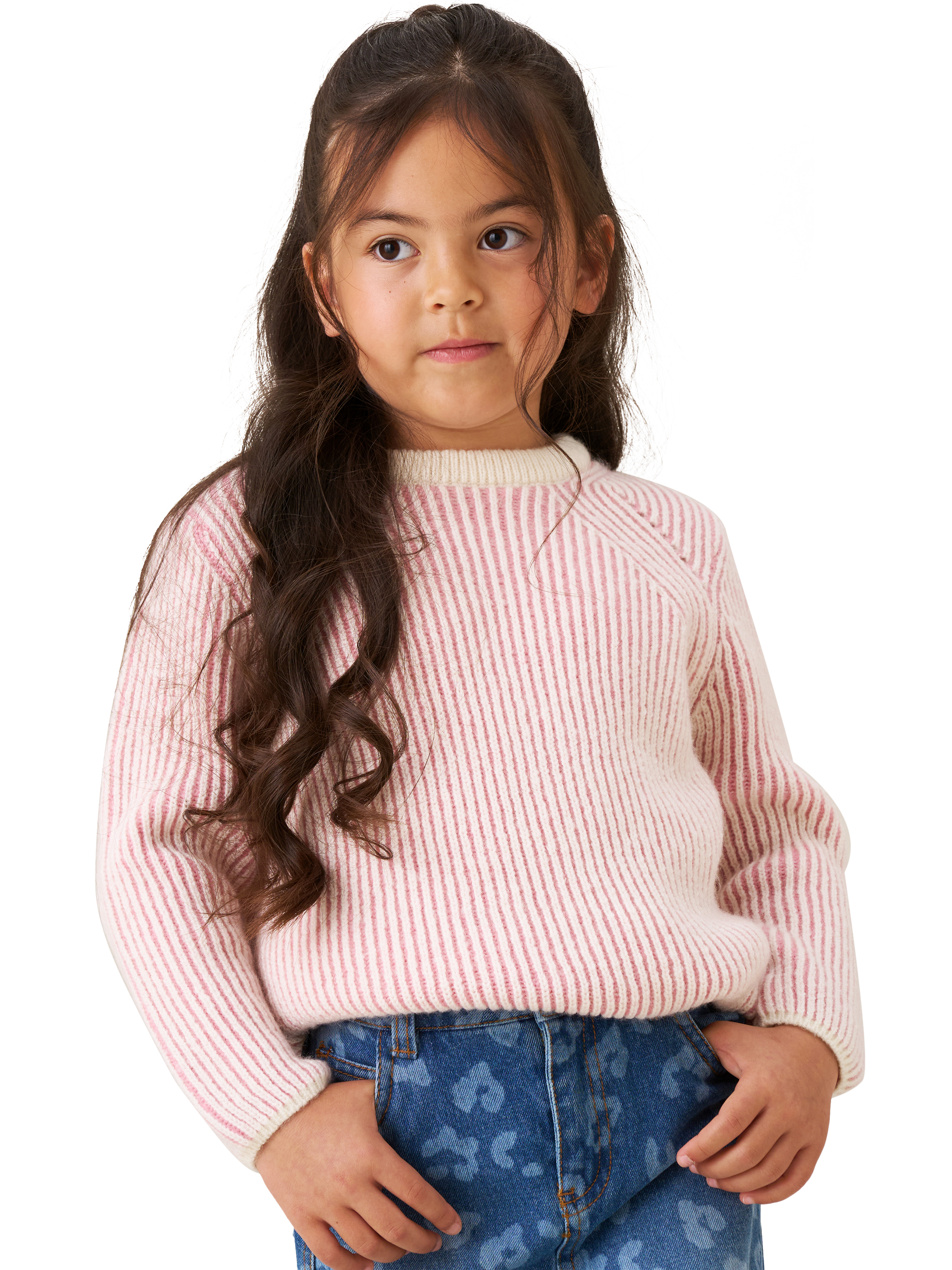 Product image 1 of 8, which shows Angel & Rocket Kids' Wool Blend Textured Stripe Jumper, Pink, 3-4 years