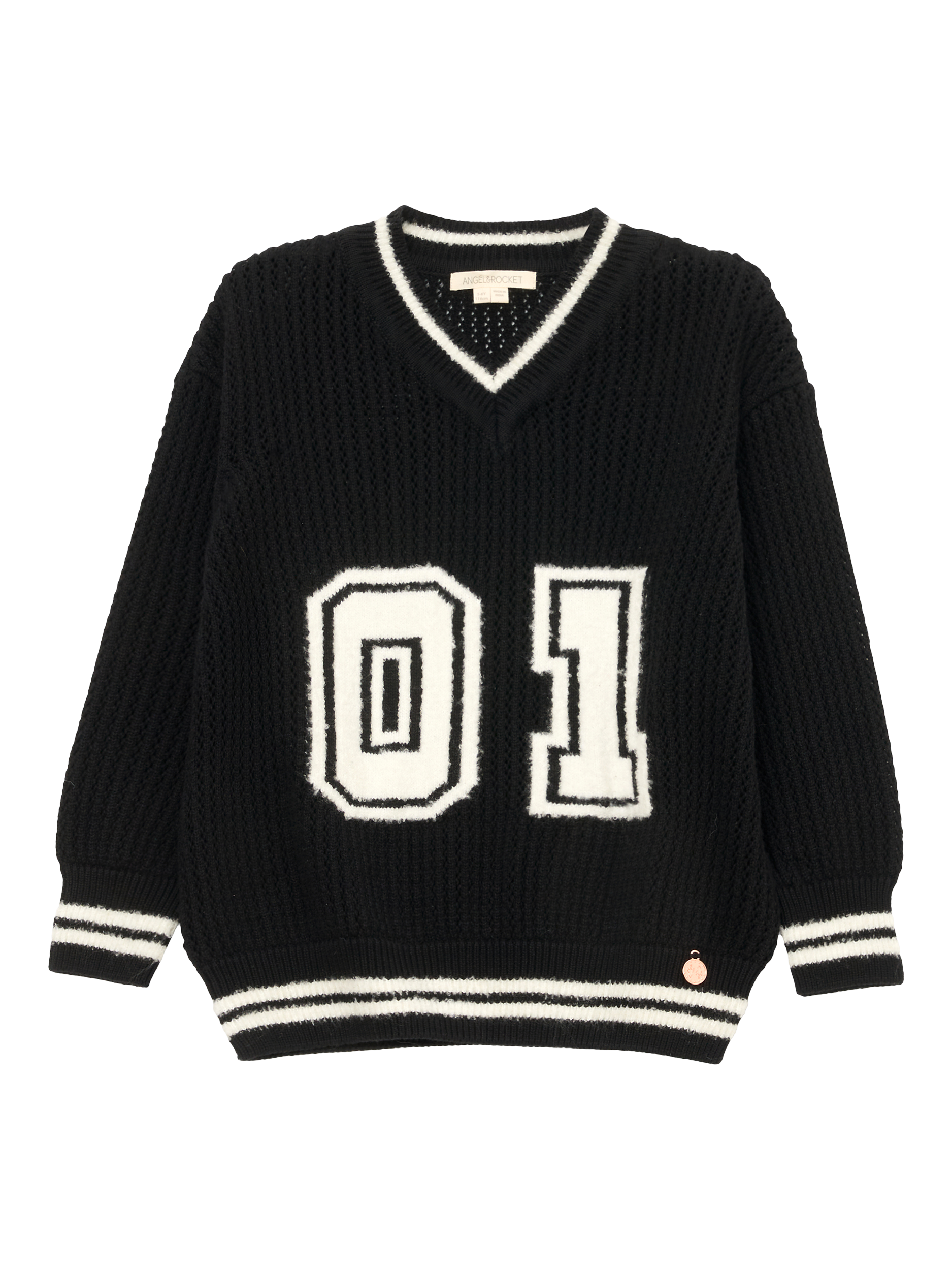 Product image 4 of 6, which shows Angel & Rocket Kids' Varsity Jumper, Black, 3-4 years