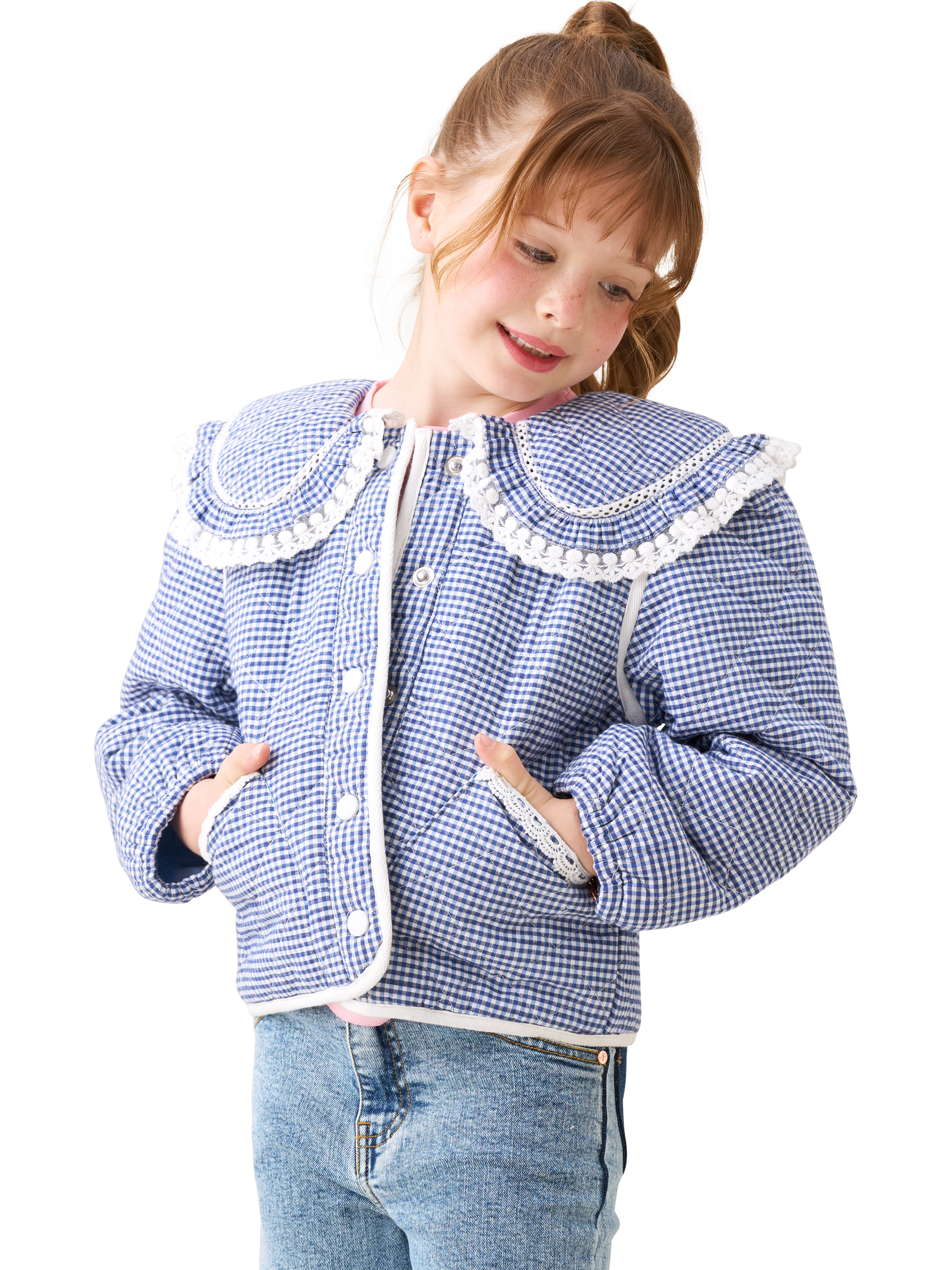 Product image 1 of 7, which shows Angel & Rocket Kids' Lace Trim Collar Jacket, Blue, 4 years