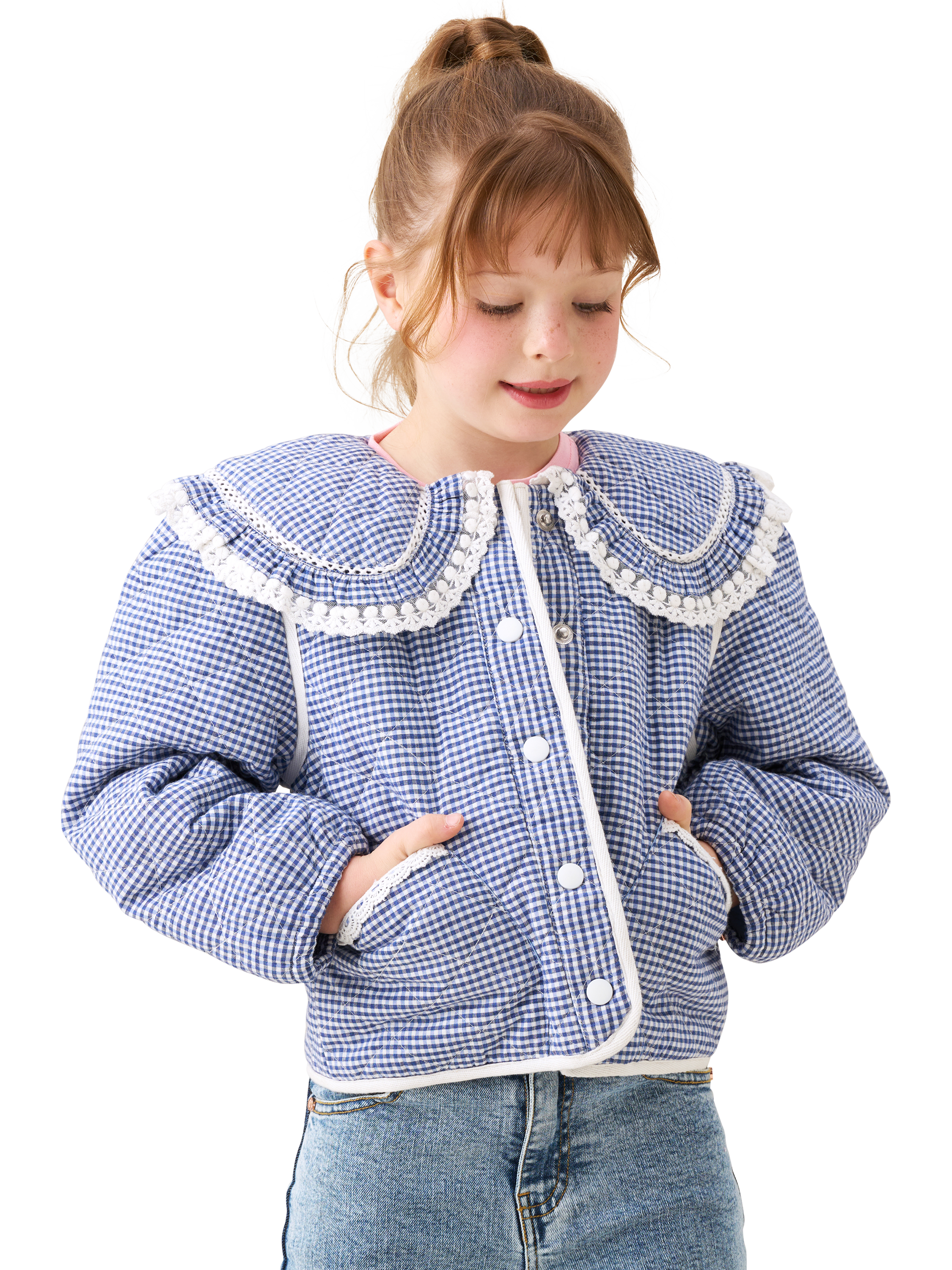 Product image 3 of 7, which shows Angel & Rocket Kids' Lace Trim Collar Jacket, Blue, 4 years