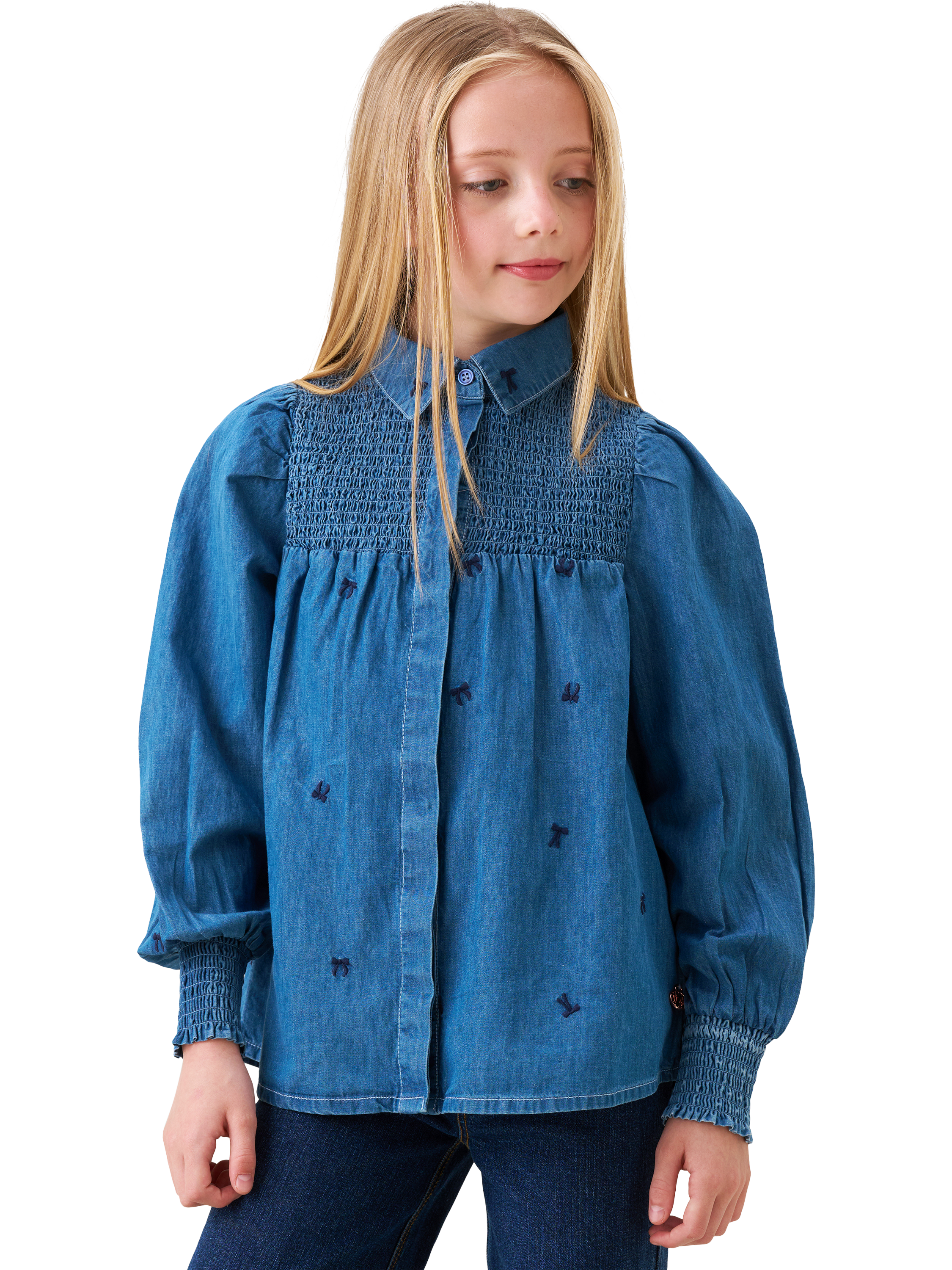 Product image 1 of 7, which shows Angel & Rocket Kids' Embroidered Denim Shirt, Blue, 3 years