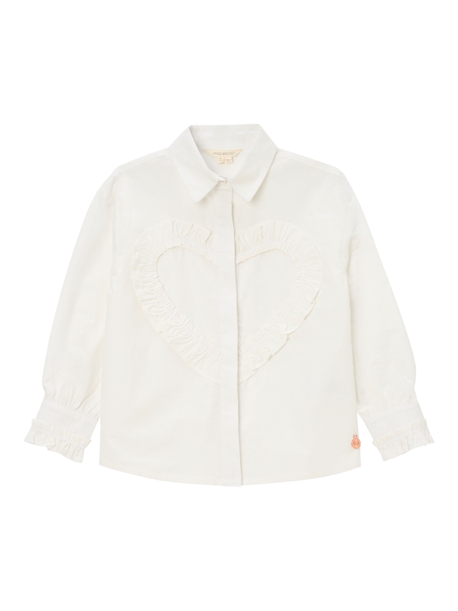 Product image 6 of 8, which shows Angel & Rocket Cotton Long Sleeved Frill Heart Shirt, White, 3 years