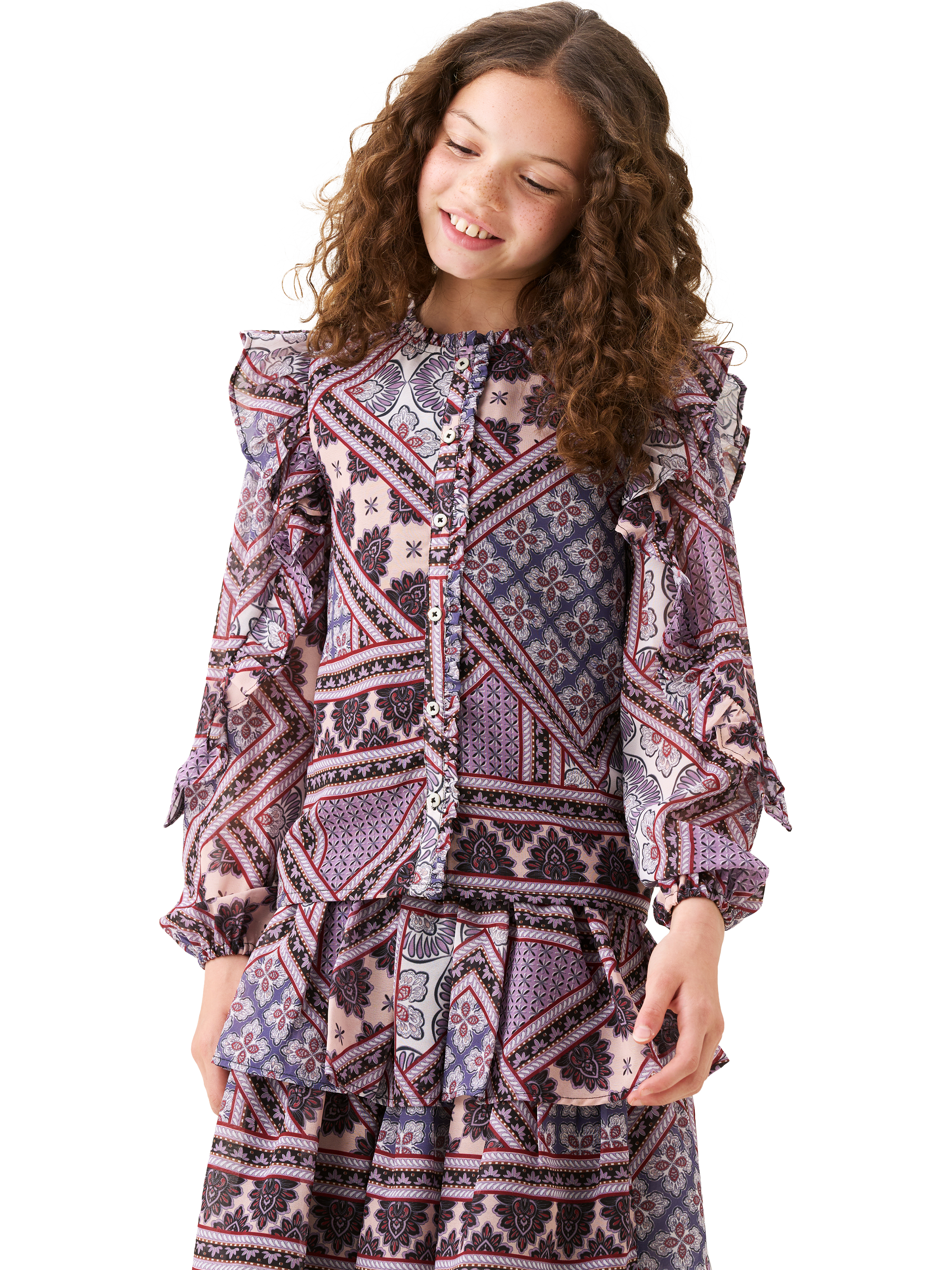 Product image 2 of 7, which shows Angel & Rocket Kids' Frill Sleeve Boho Blouse, Purple, 3 years