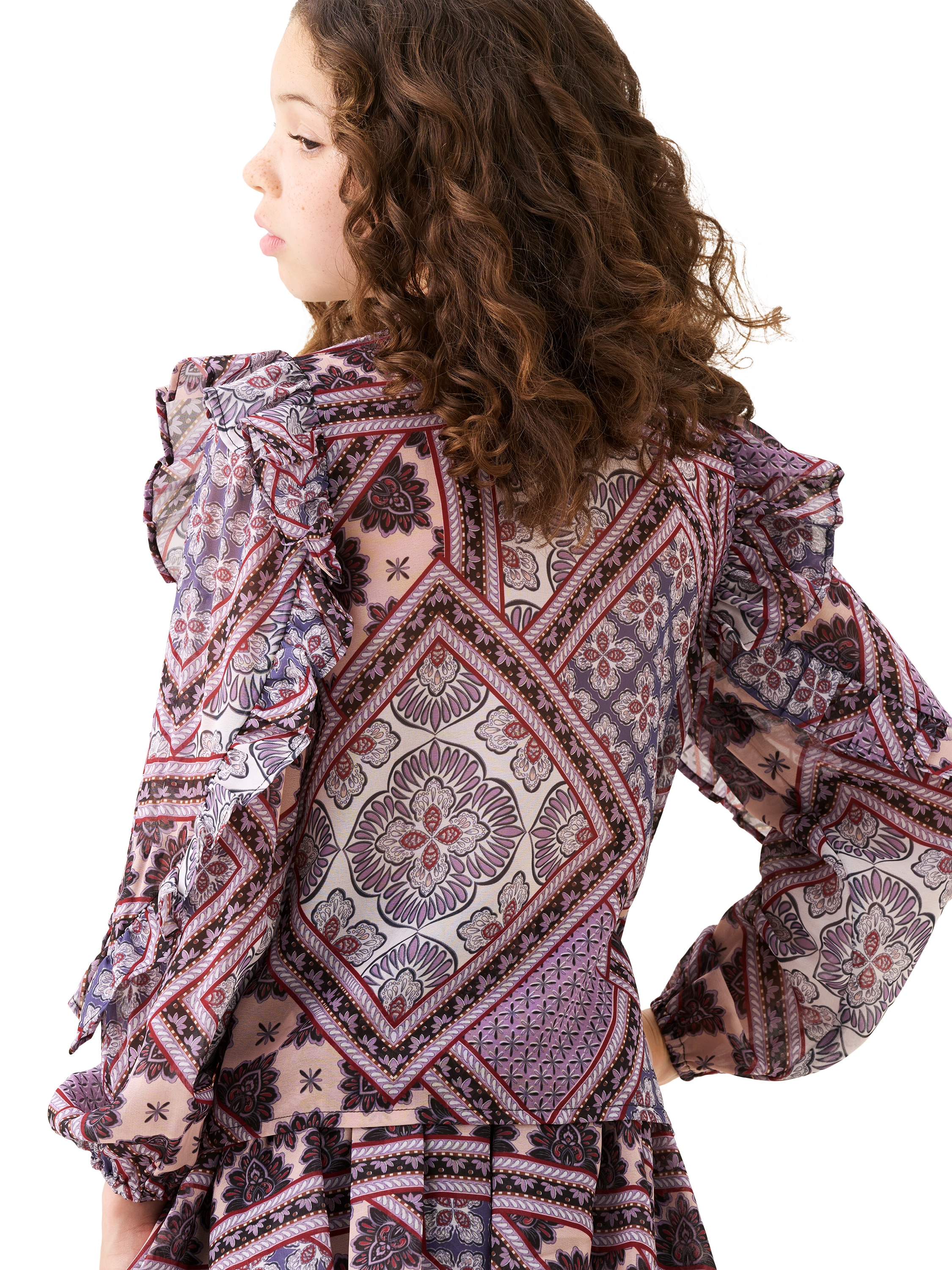 Product image 3 of 7, which shows Angel & Rocket Kids' Frill Sleeve Boho Blouse, Purple, 3 years