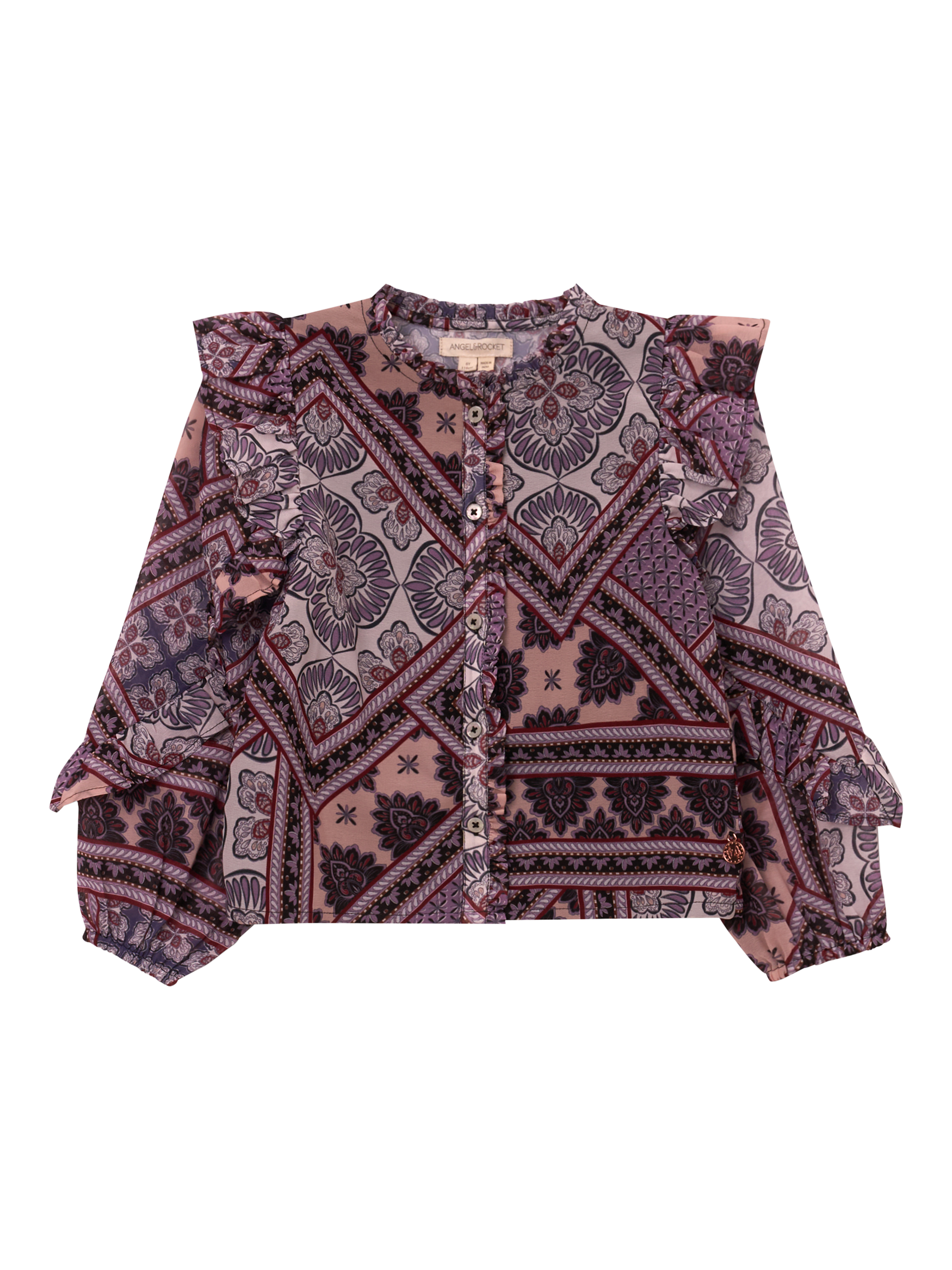 Product image 5 of 7, which shows Angel & Rocket Kids' Frill Sleeve Boho Blouse, Purple, 3 years