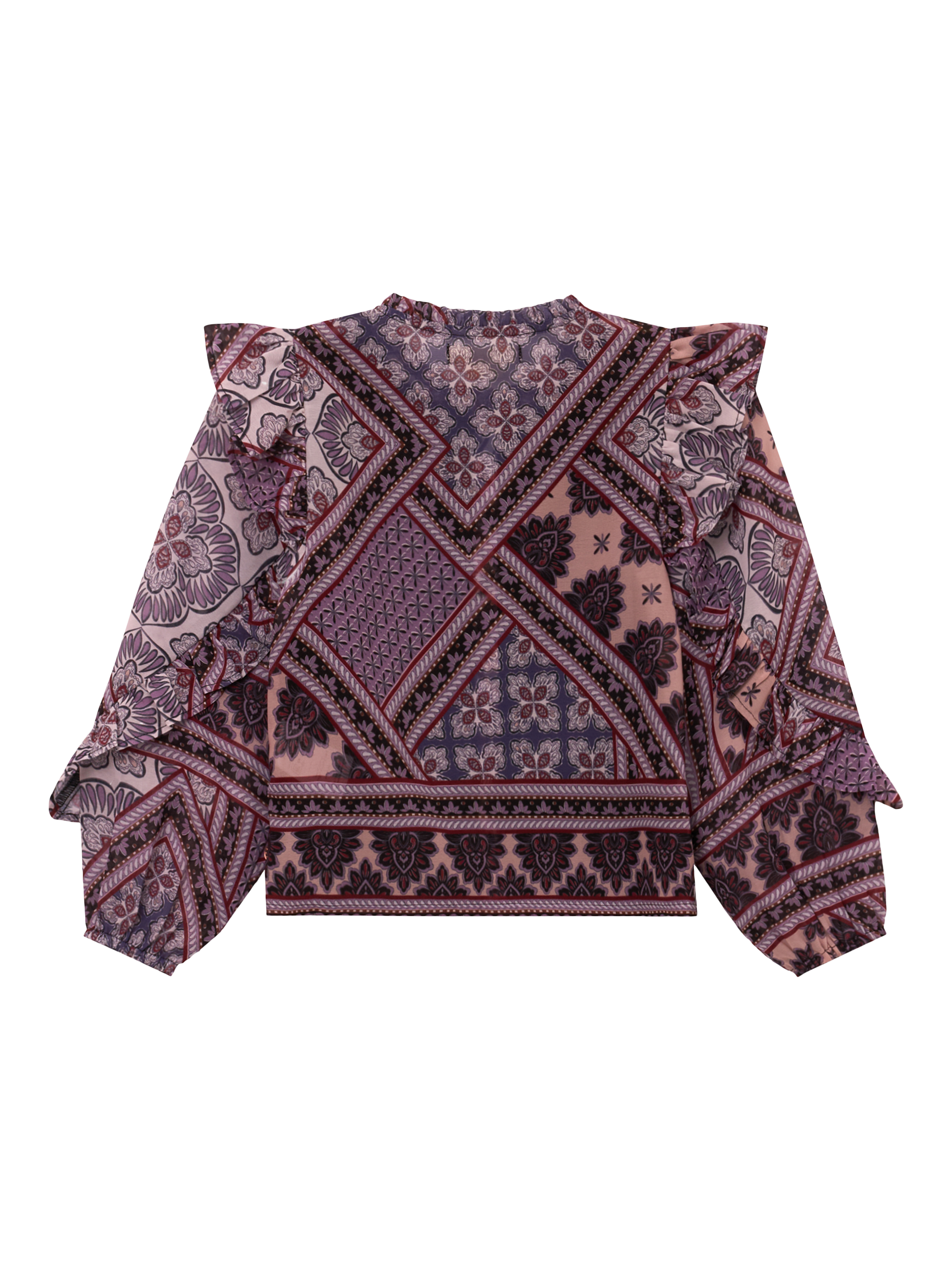 Product image 6 of 7, which shows Angel & Rocket Kids' Frill Sleeve Boho Blouse, Purple, 3 years
