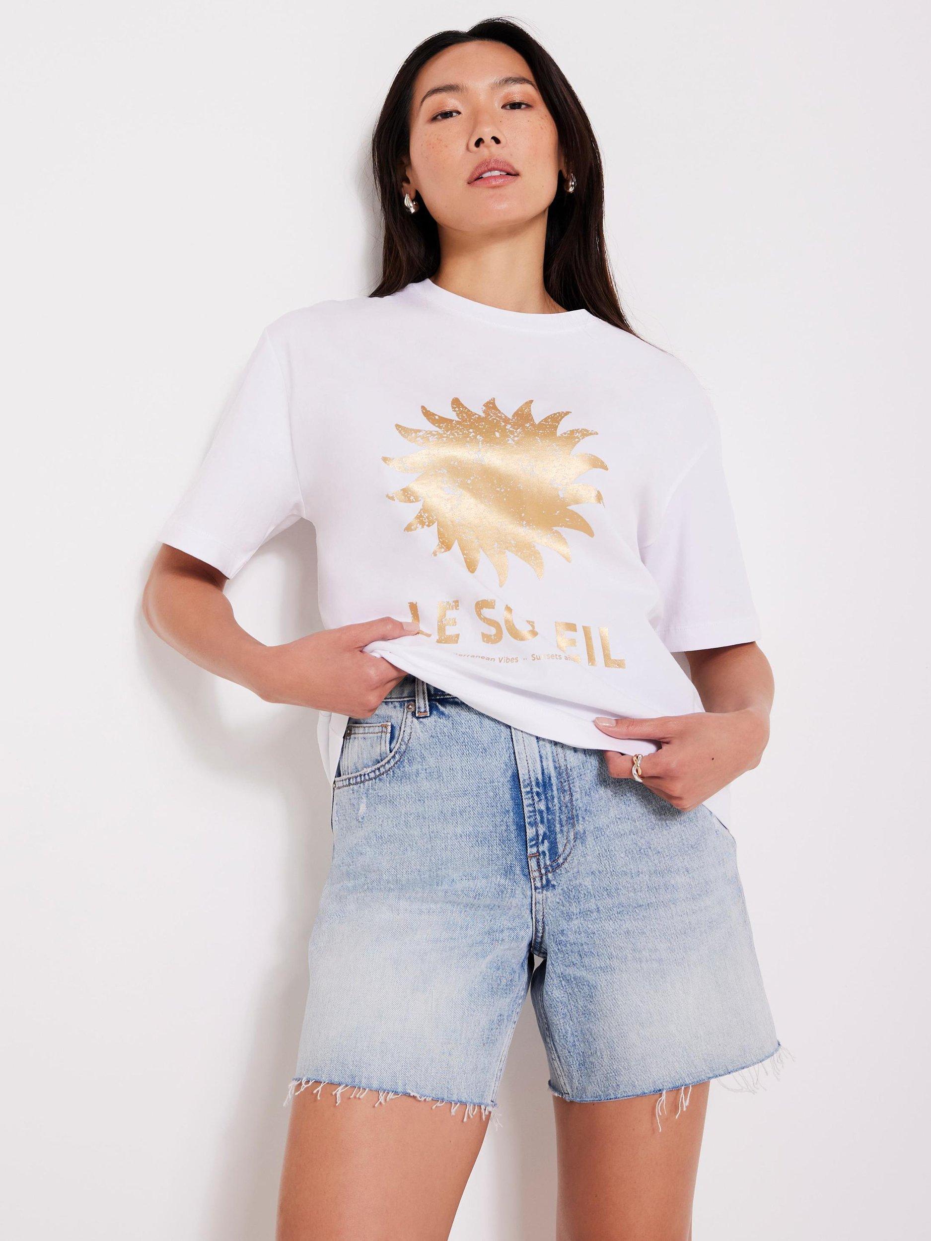 Product image 1 of 8, which shows Mint Velvet Foil Soleil T-Shirt, White/Gold, S