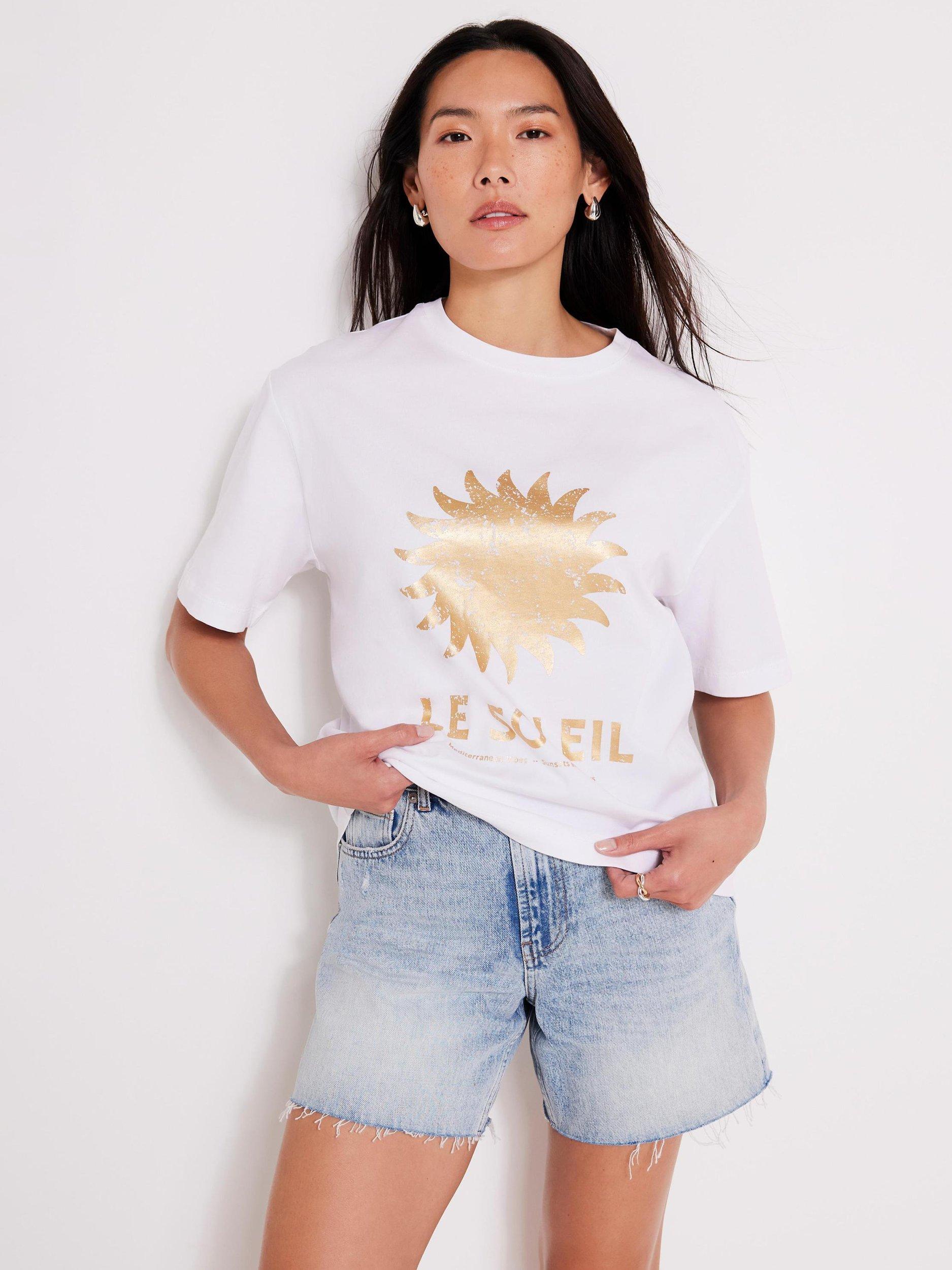 Product image 6 of 8, which shows Mint Velvet Foil Soleil T-Shirt, White/Gold, S