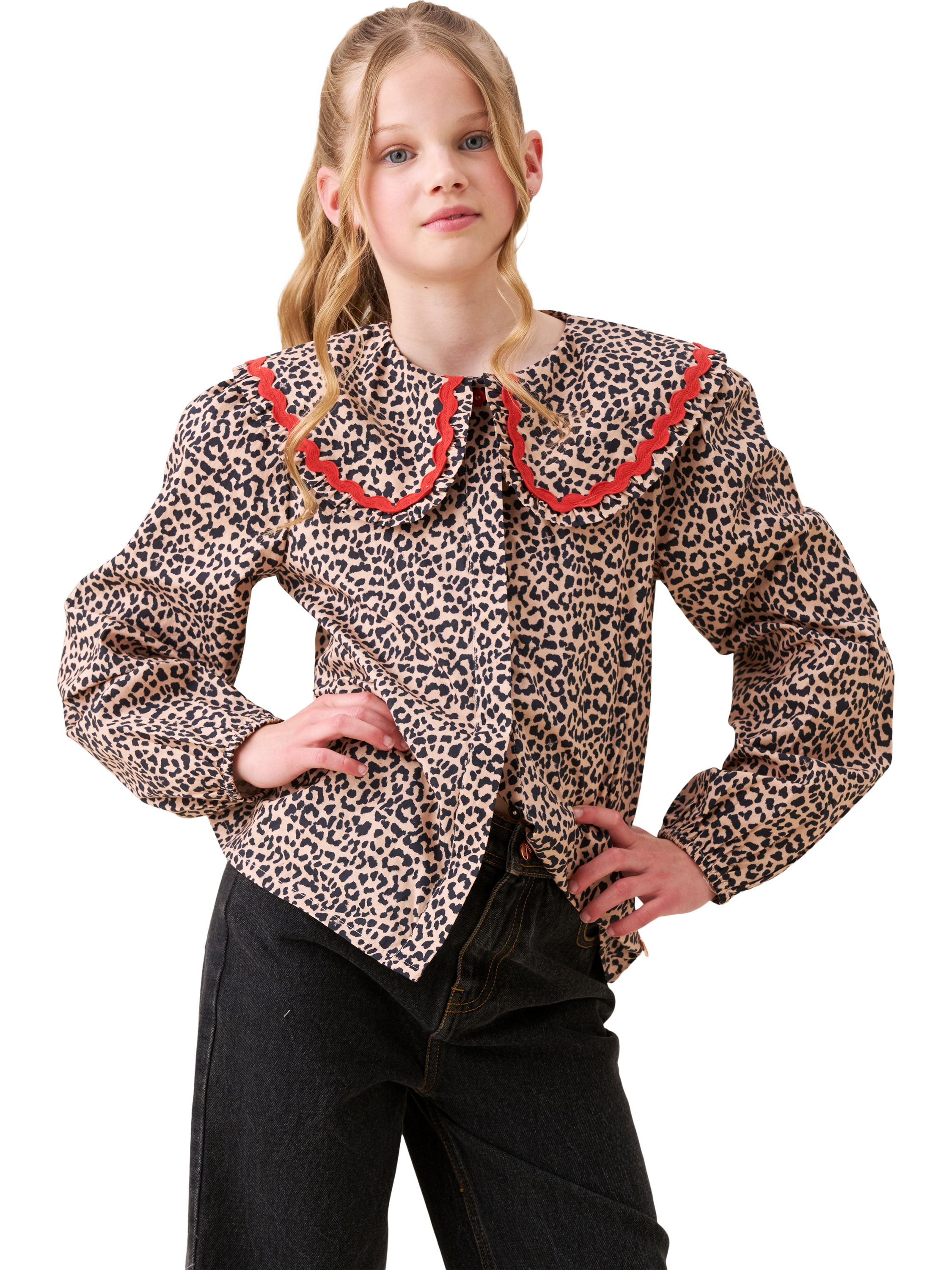 Product image 2 of 9, which shows Angel & Rocket Cotton Long Sleeved Frill Collar Shirt, Brown, 6 years