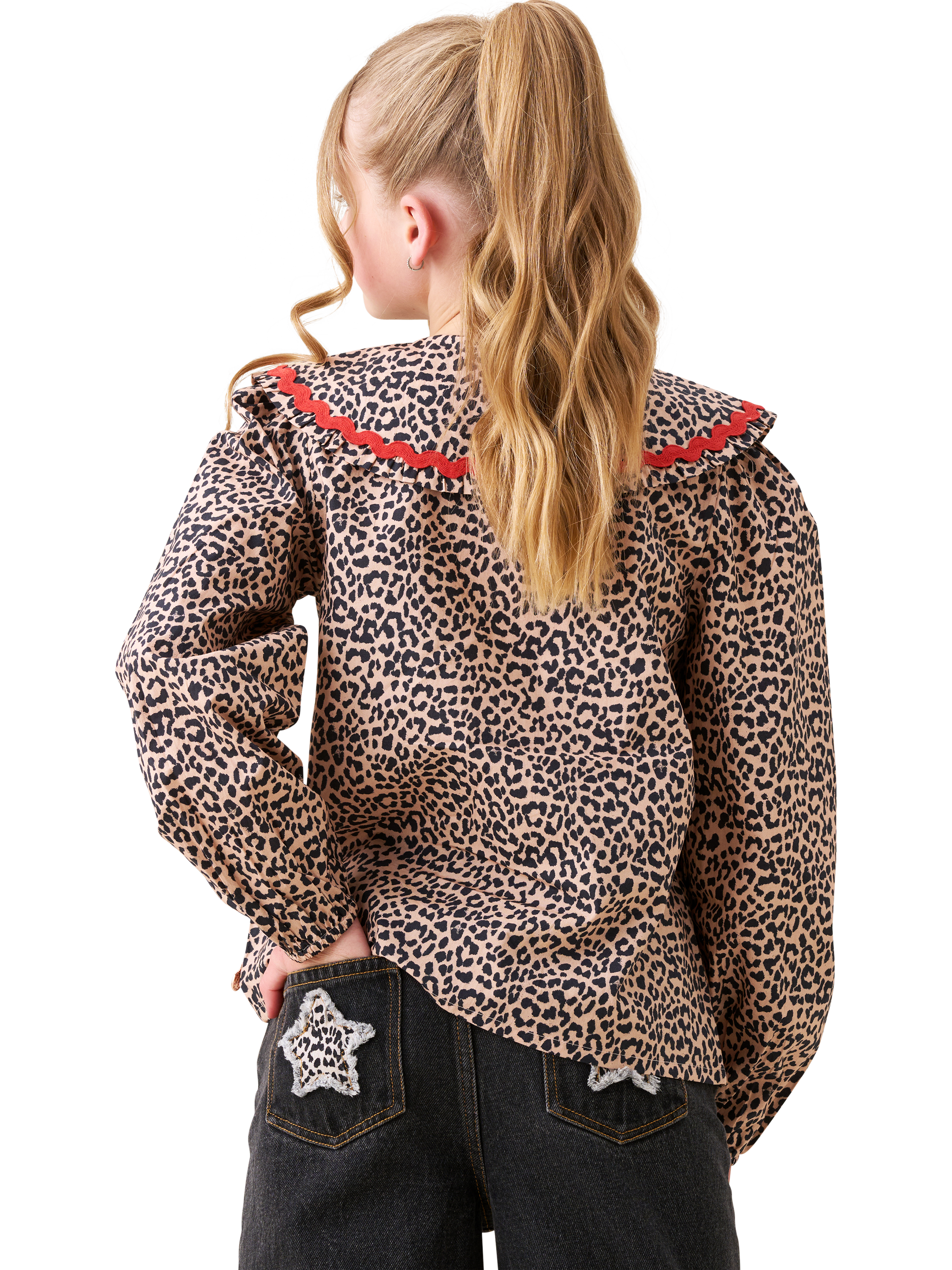 Product image 3 of 9, which shows Angel & Rocket Cotton Long Sleeved Frill Collar Shirt, Brown, 6 years