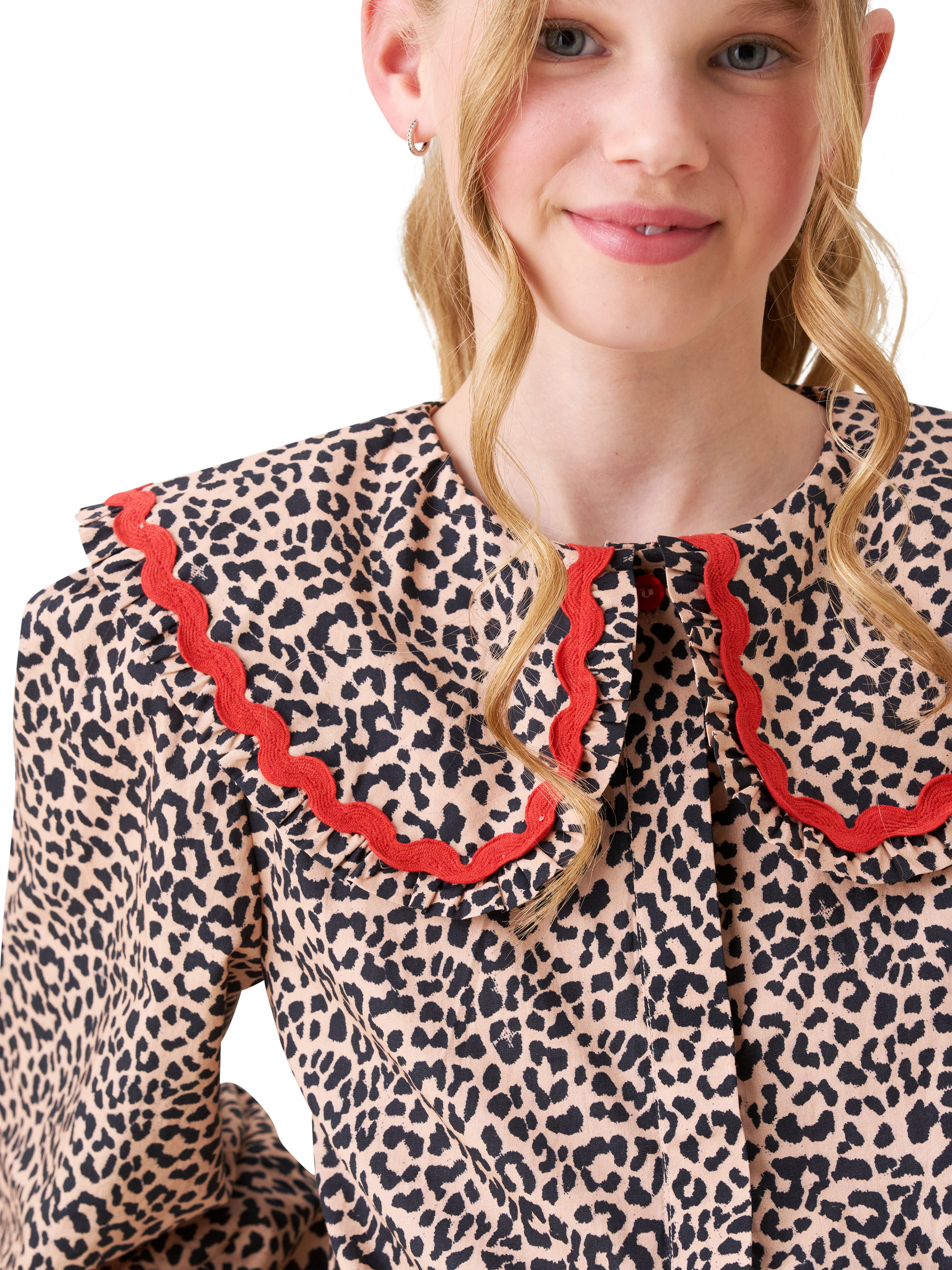 Product image 4 of 9, which shows Angel & Rocket Cotton Long Sleeved Frill Collar Shirt, Brown, 6 years